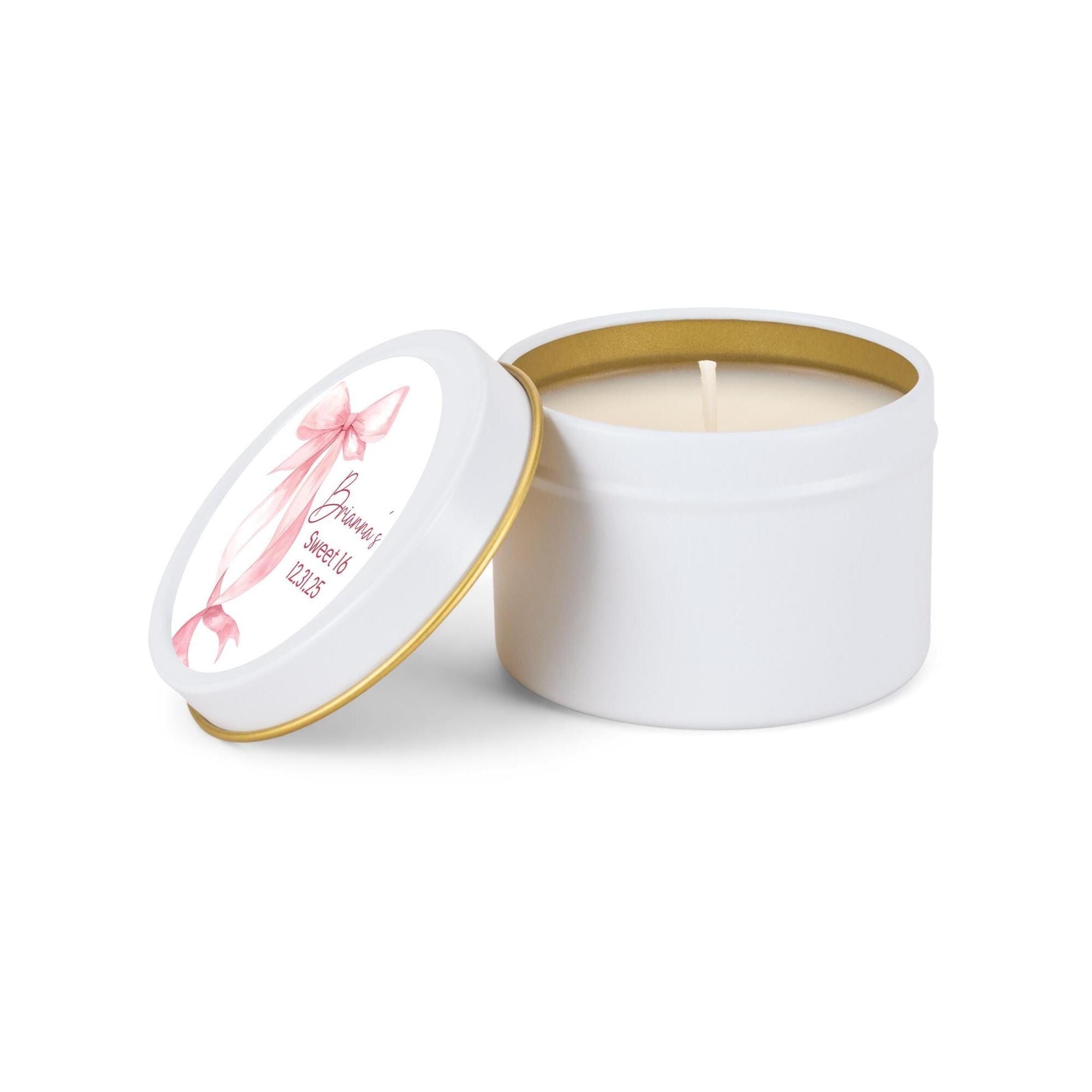 Pink Coquette Bow Birthday Candle Favor, Sweet Sixteen Birthday Gift, Set of 10 4oz White Candle Tins