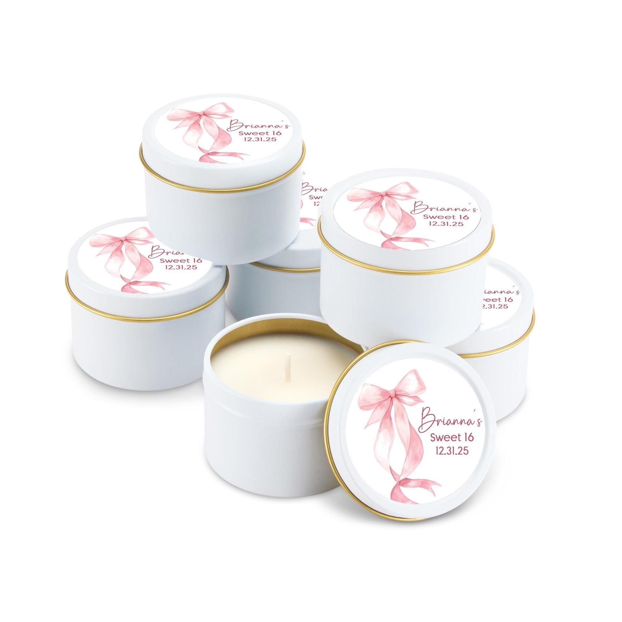 Pink Coquette Bow Birthday Candle Favor, Sweet Sixteen Birthday Gift, Set of 10 4oz White Candle Tins