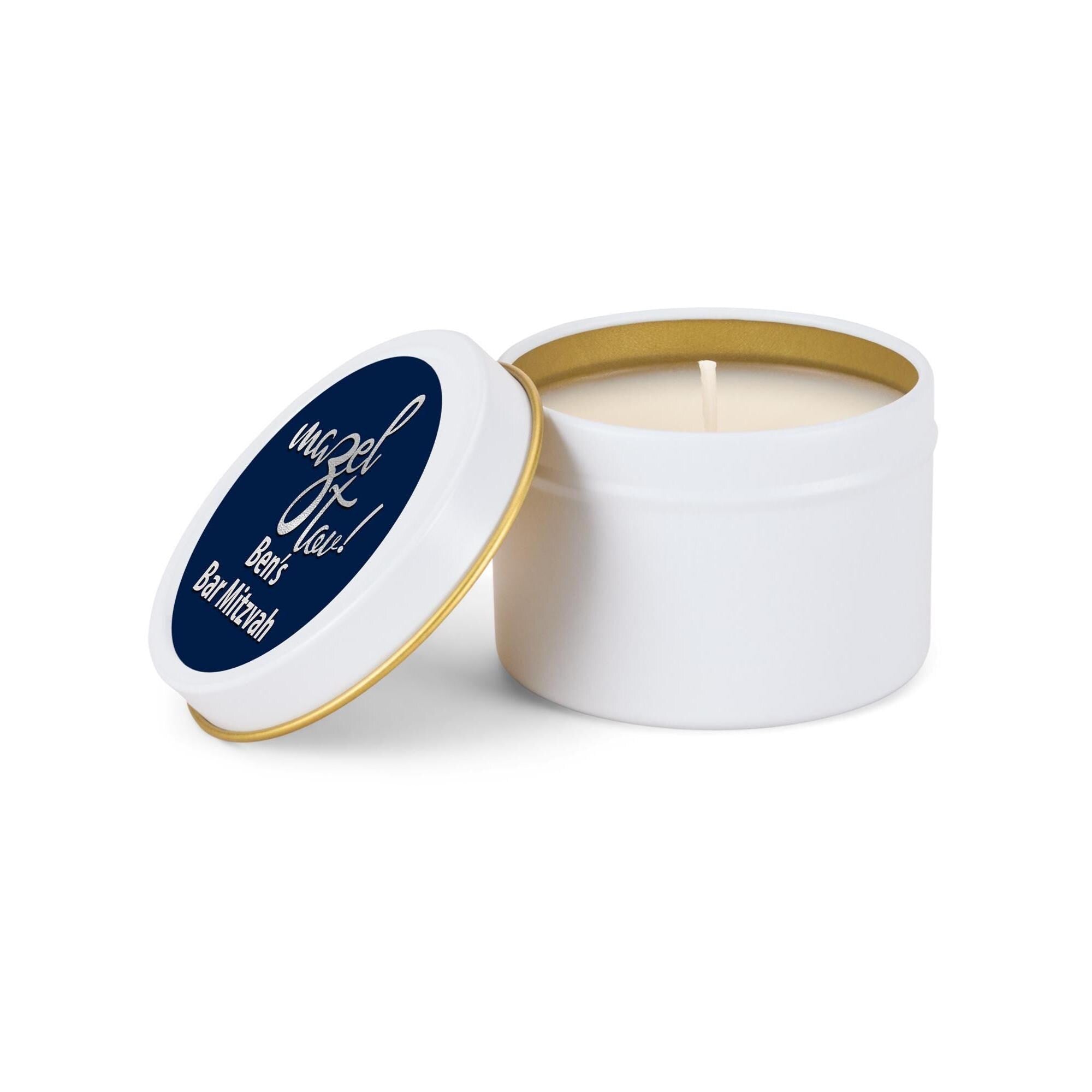 Mazel Tov Candle Favors, Jewish Party Favors, Favors for Bar Mitzvah, Set of 10 4oz White Candle Tins