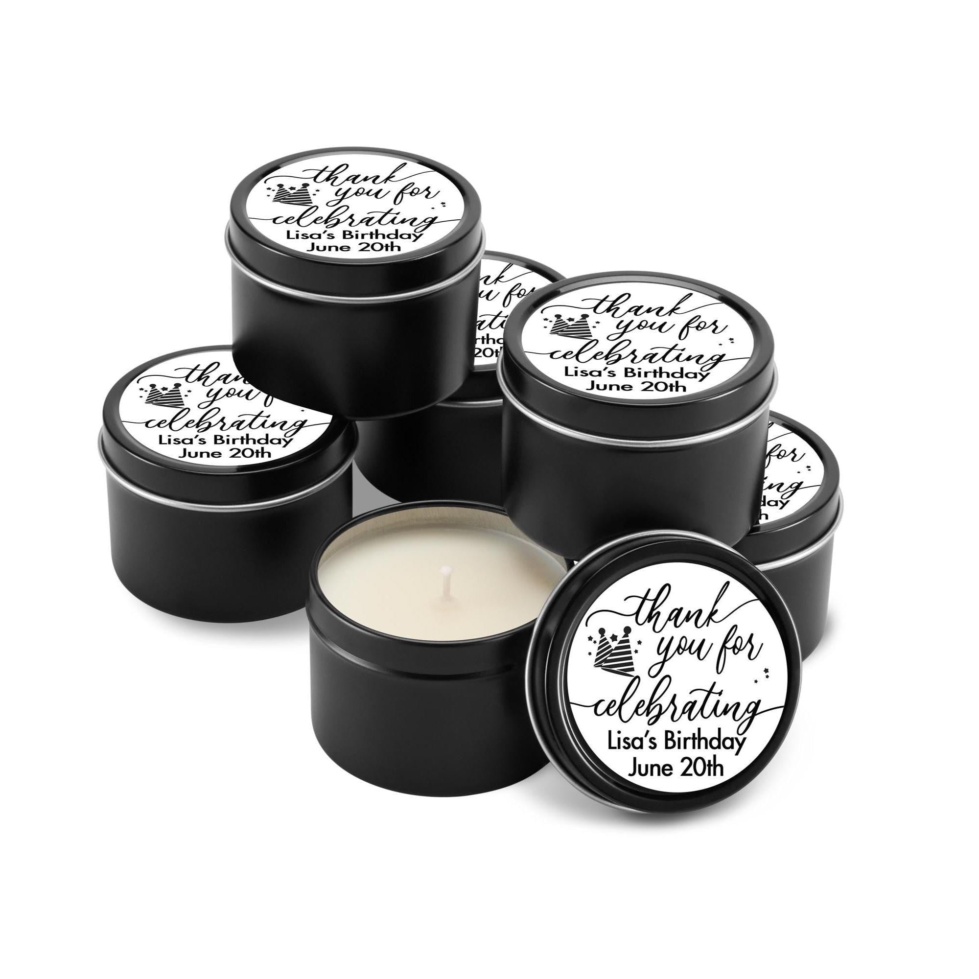 Thank You For Celebrating Party Favor, Birthday Party Candle Favor, Sweet Sixteen Birthday Gift, Set of 10 4oz Black Candle Tins