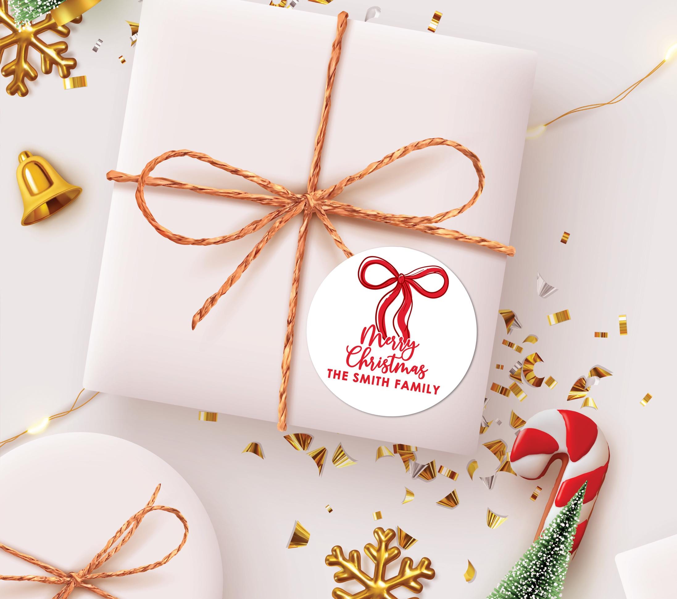 Christmas Red Bow Stickers, Personalized Round Holiday Labels