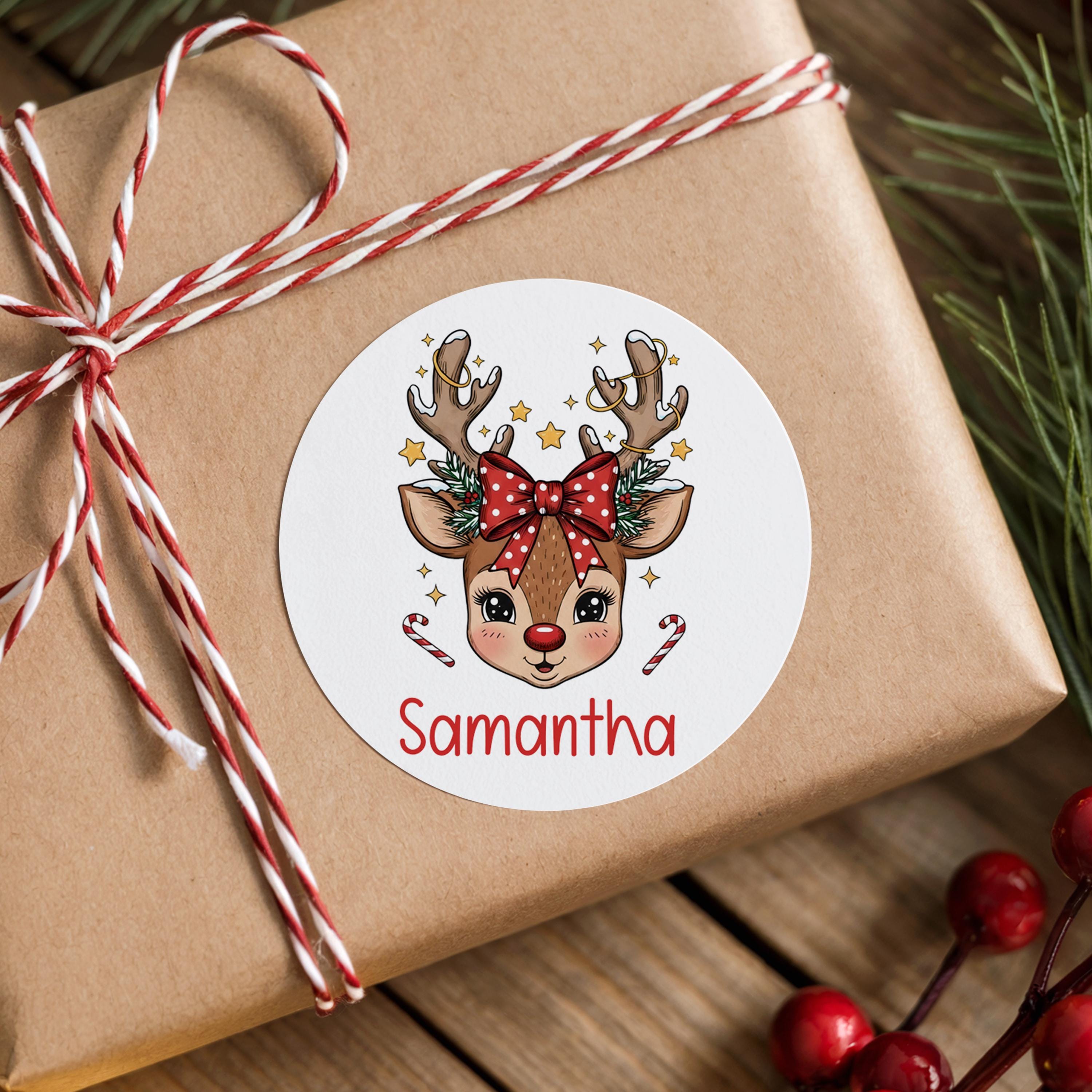 Reindeer Christmas Name Stickers, Personalized Holiday Gift Labels Boy Girl