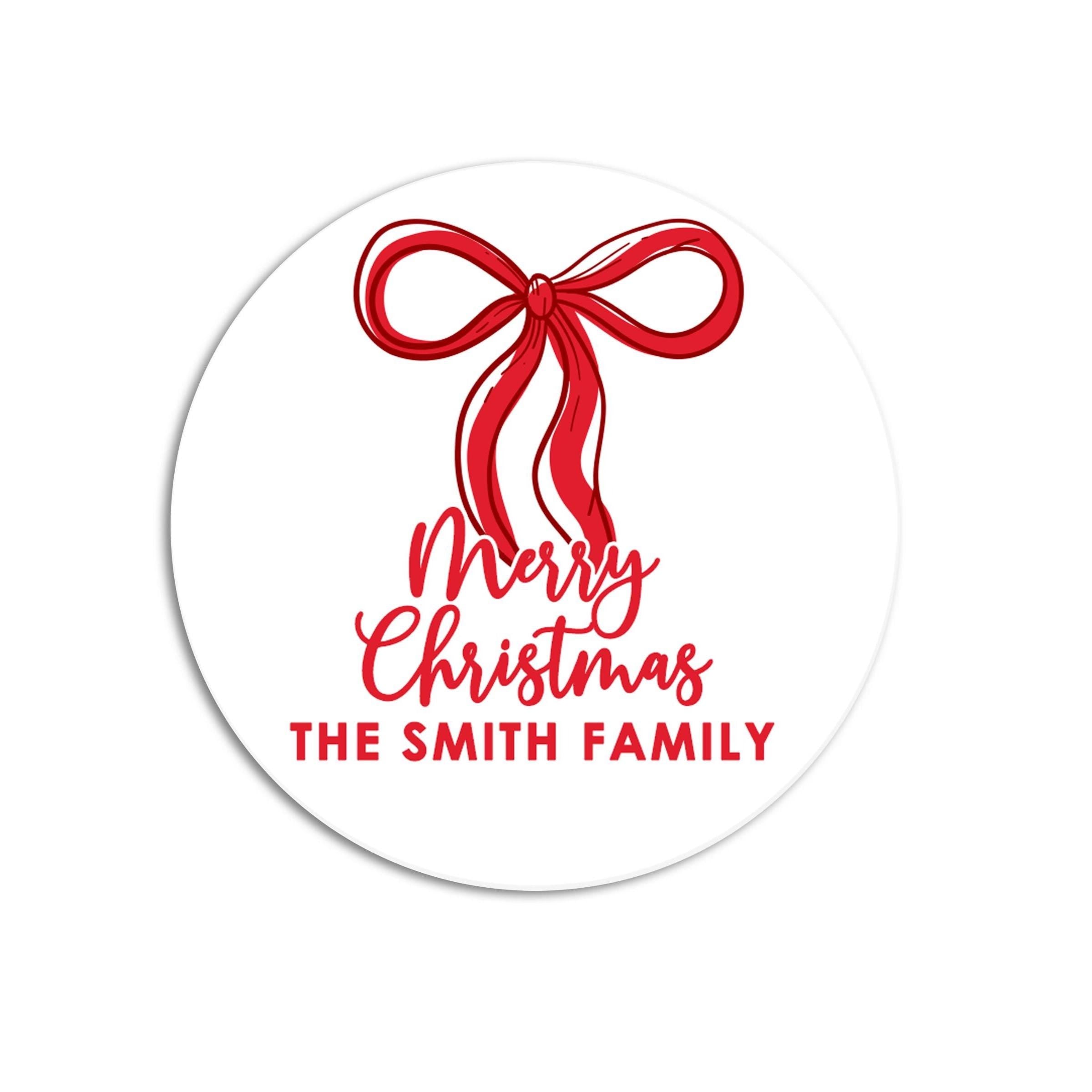 Christmas Red Bow Stickers, Personalized Round Holiday Labels