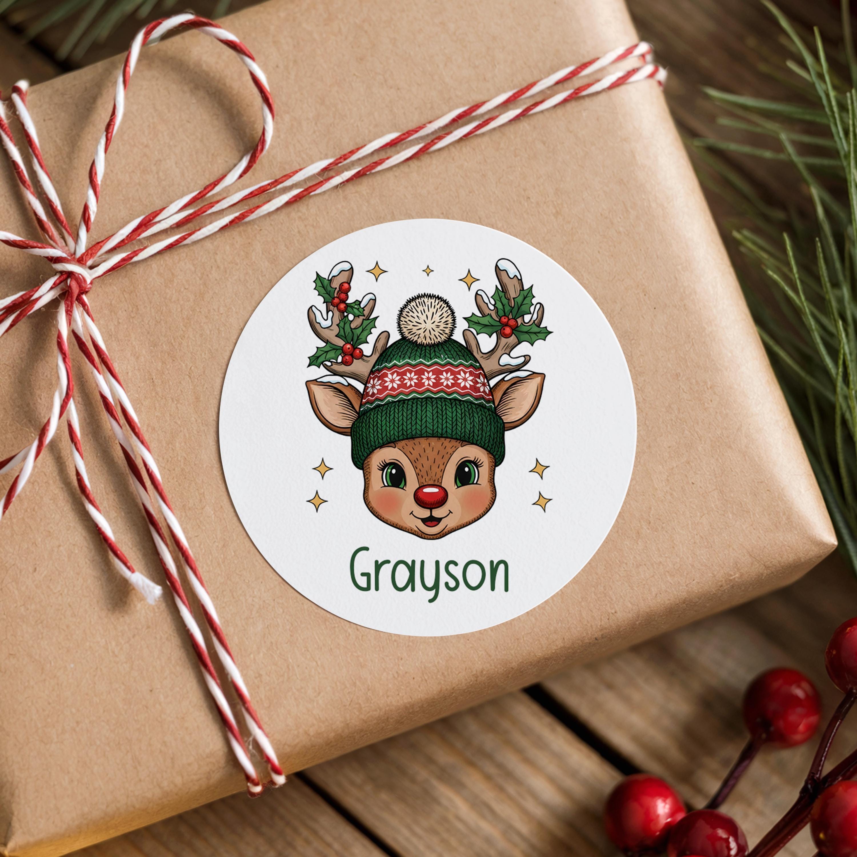 Reindeer Christmas Name Stickers, Personalized Holiday Gift Labels Boy Girl