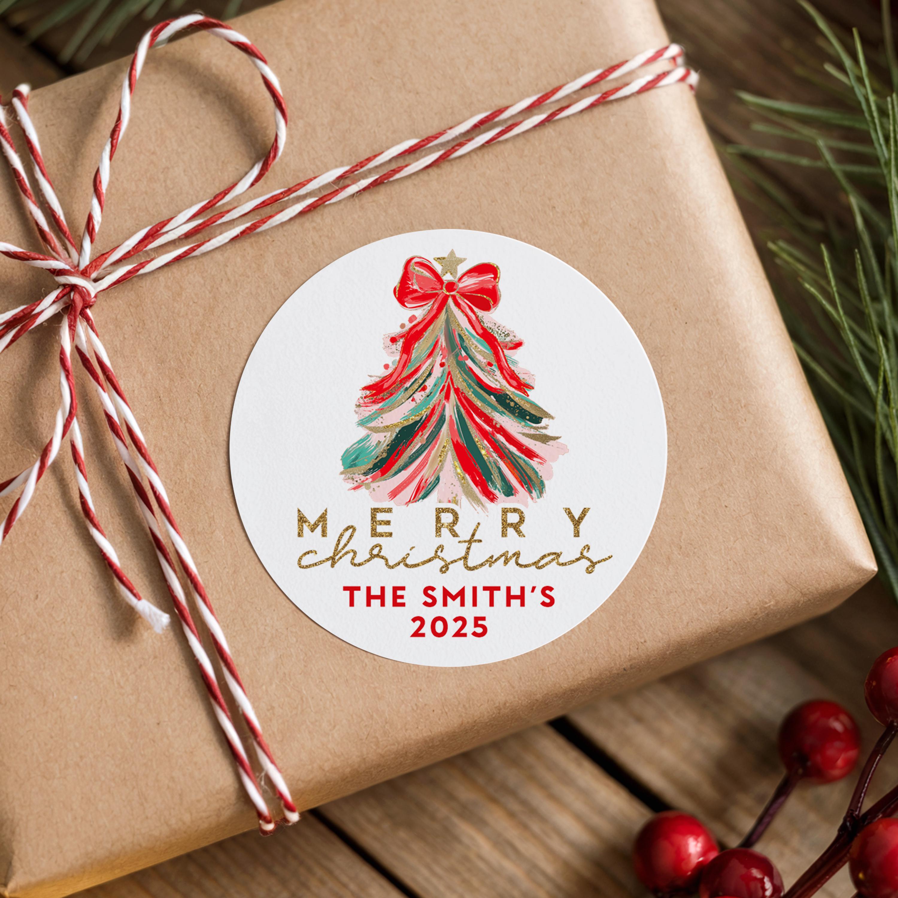 Red Gold Christmas Tree Stickers, Personalized Holiday Wishes Labels