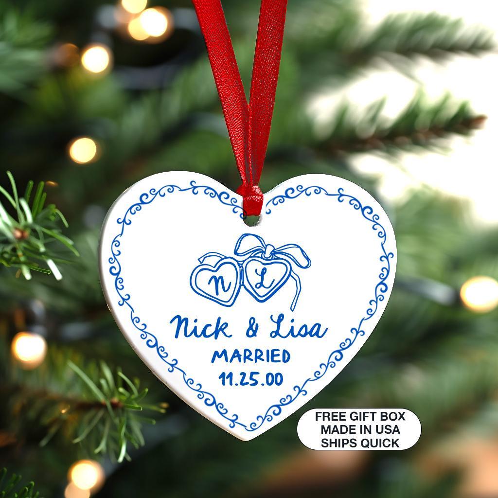 Chinoiserie First Christmas Married Ornament, Just Married Locket Heart Ornament