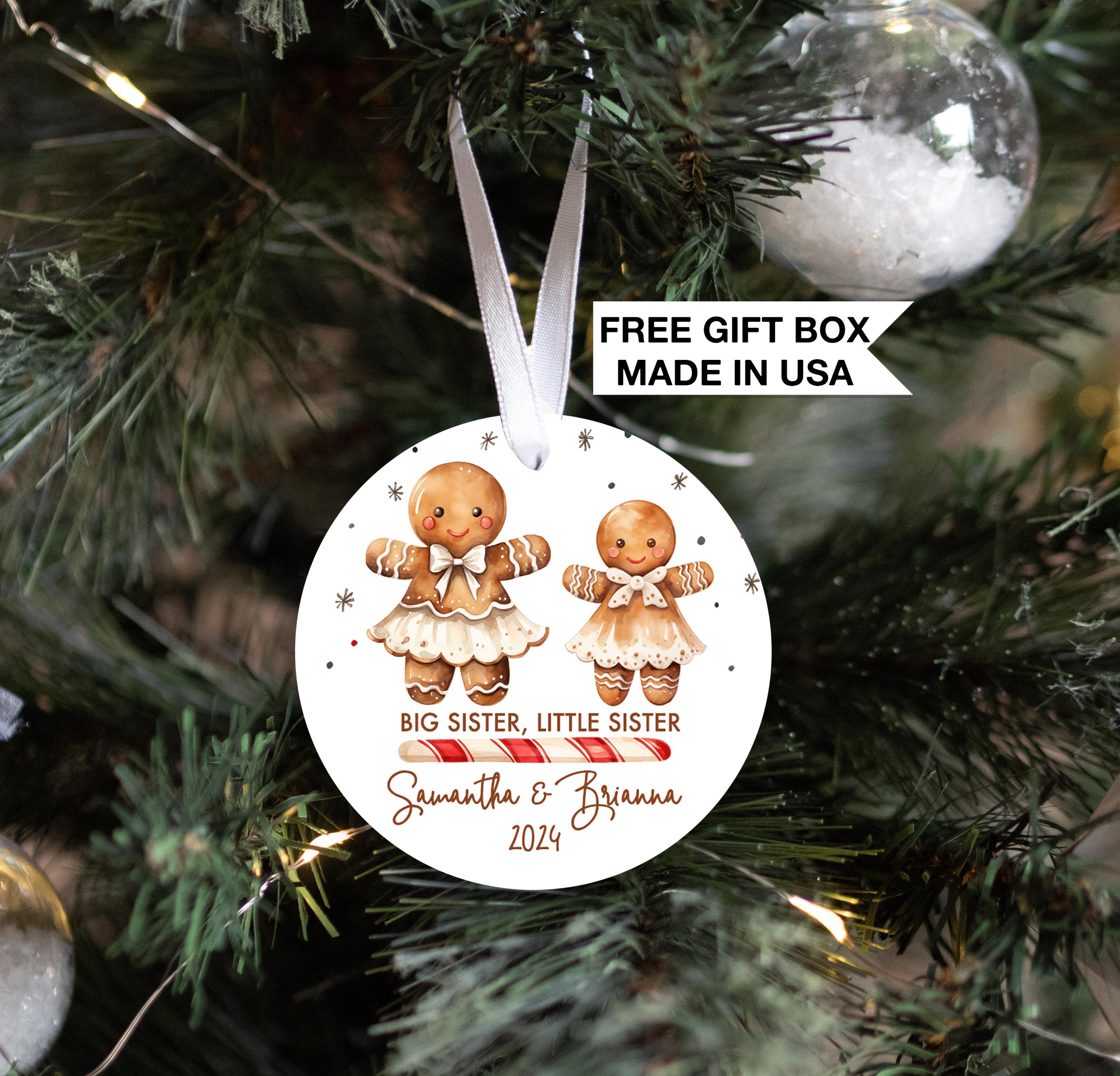 Big Sister Little Sister Christmas Ornament, Personalized Gingerbread Sibling Announcement