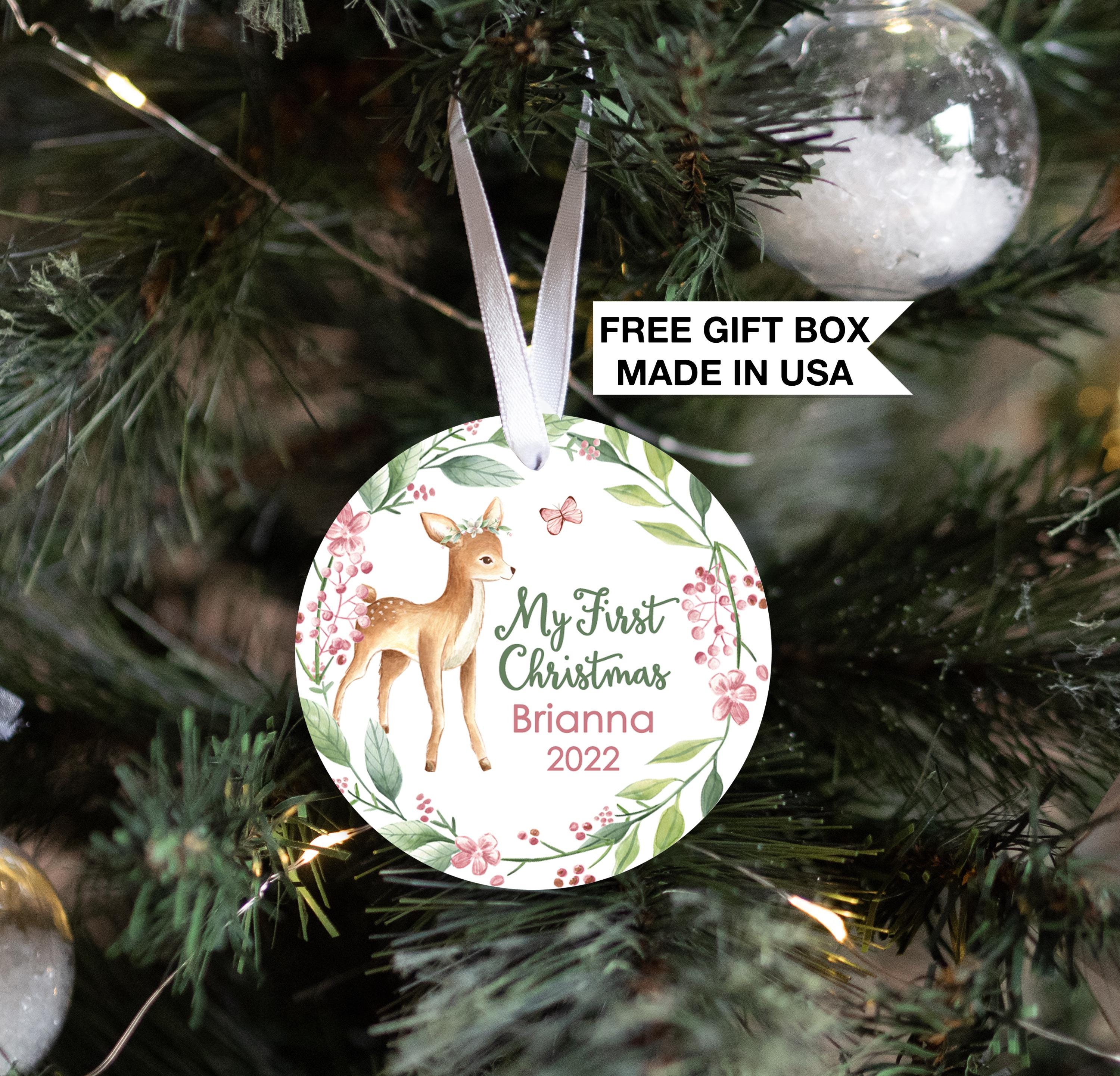 Deer Baby's First Christmas Ornament, Personalized Baby Girl First Christmas