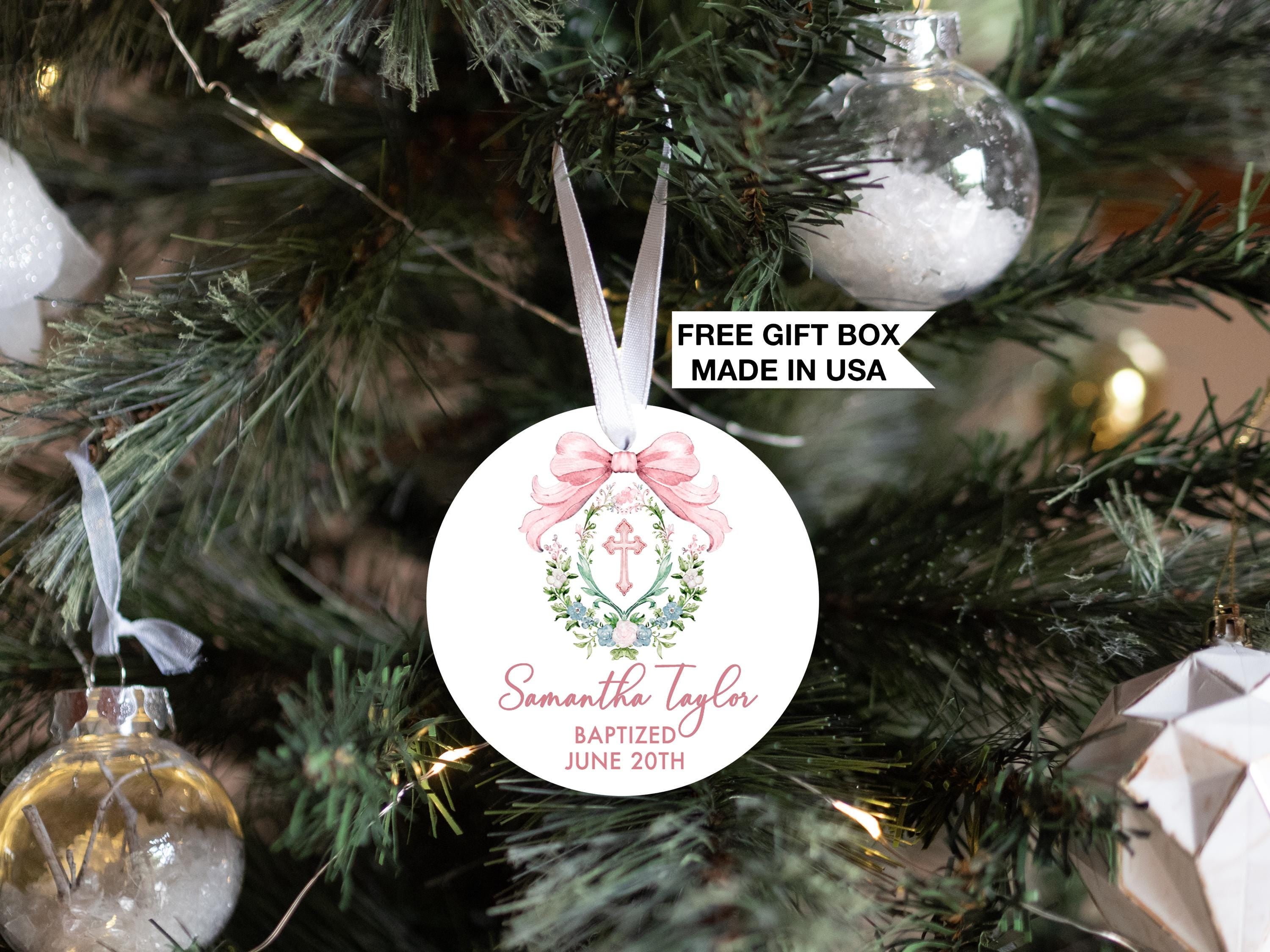 Pink Cross Crest Ornament, Personalized Baptism for Girl, Communion Gift