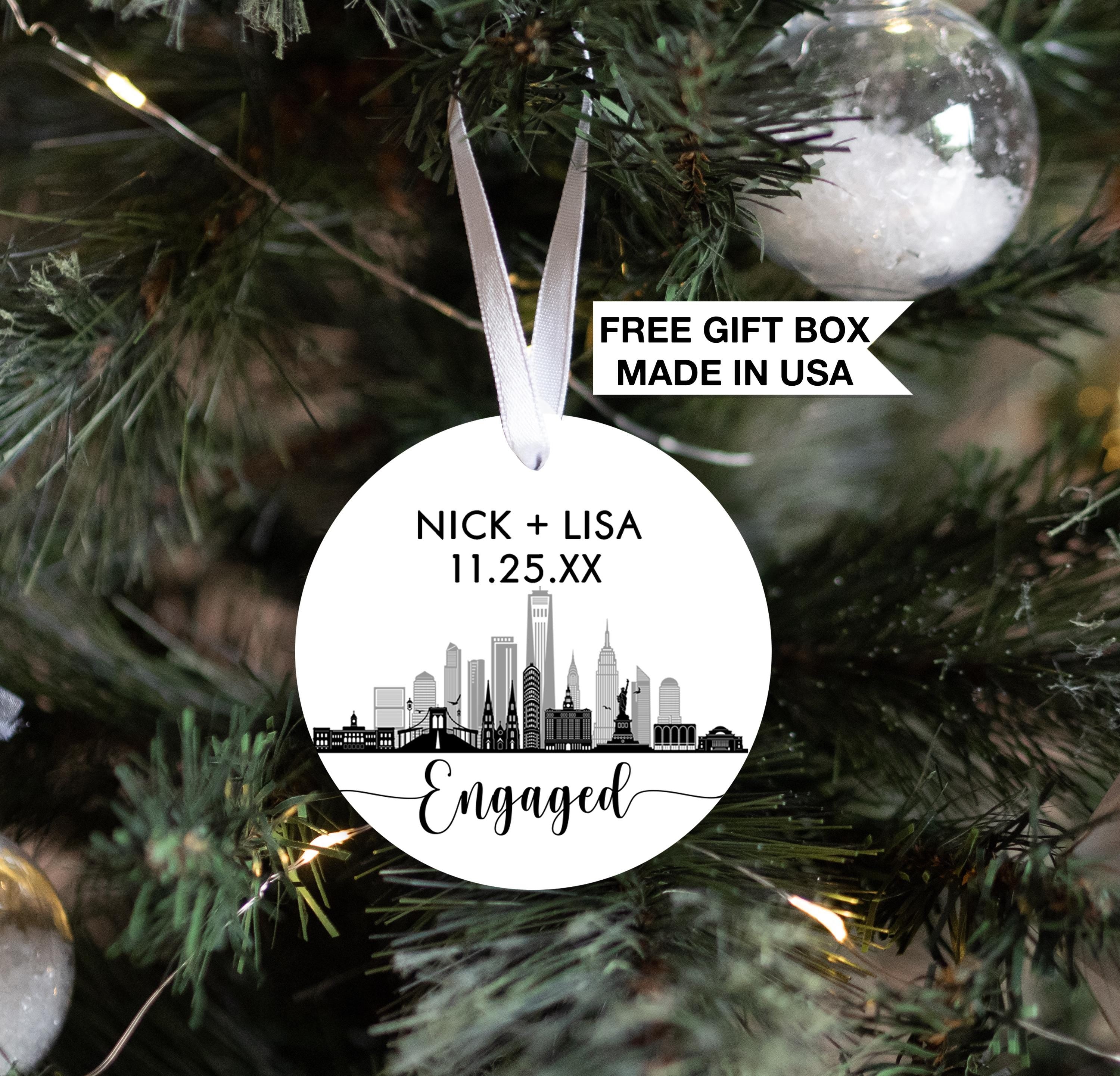 Personalized Engaged New York Skyline Christmas Ornament, Our First Christmas Married
