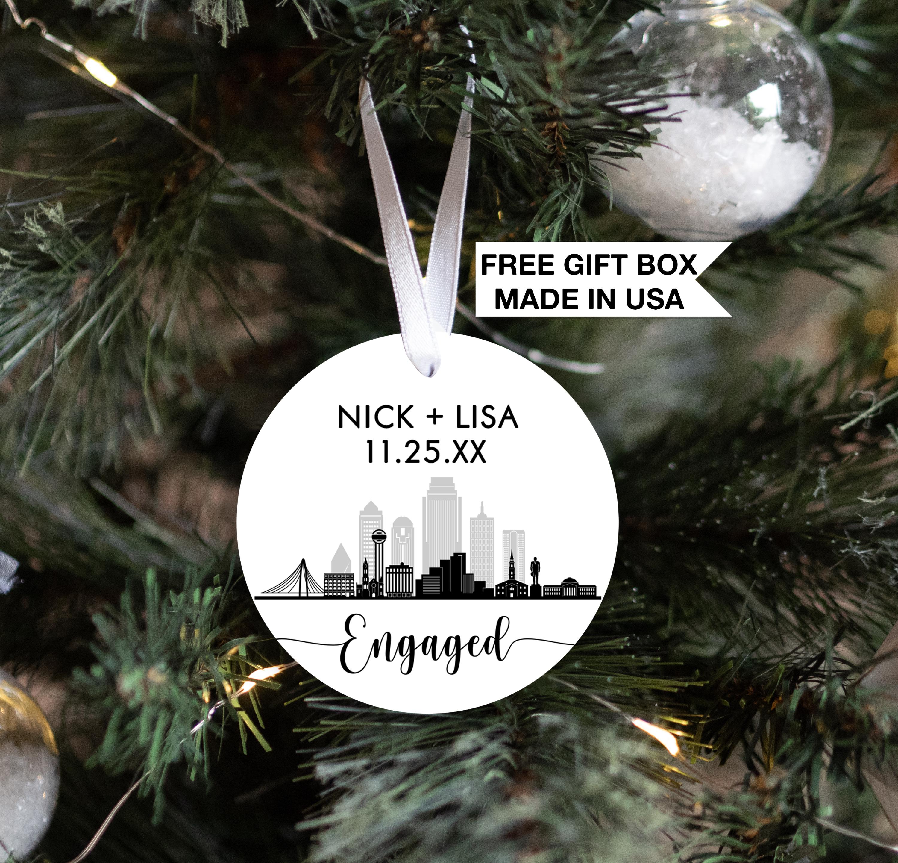 Engaged Dallas Skyline Christmas Ornament, Personalized Our First Christmas Engagement
