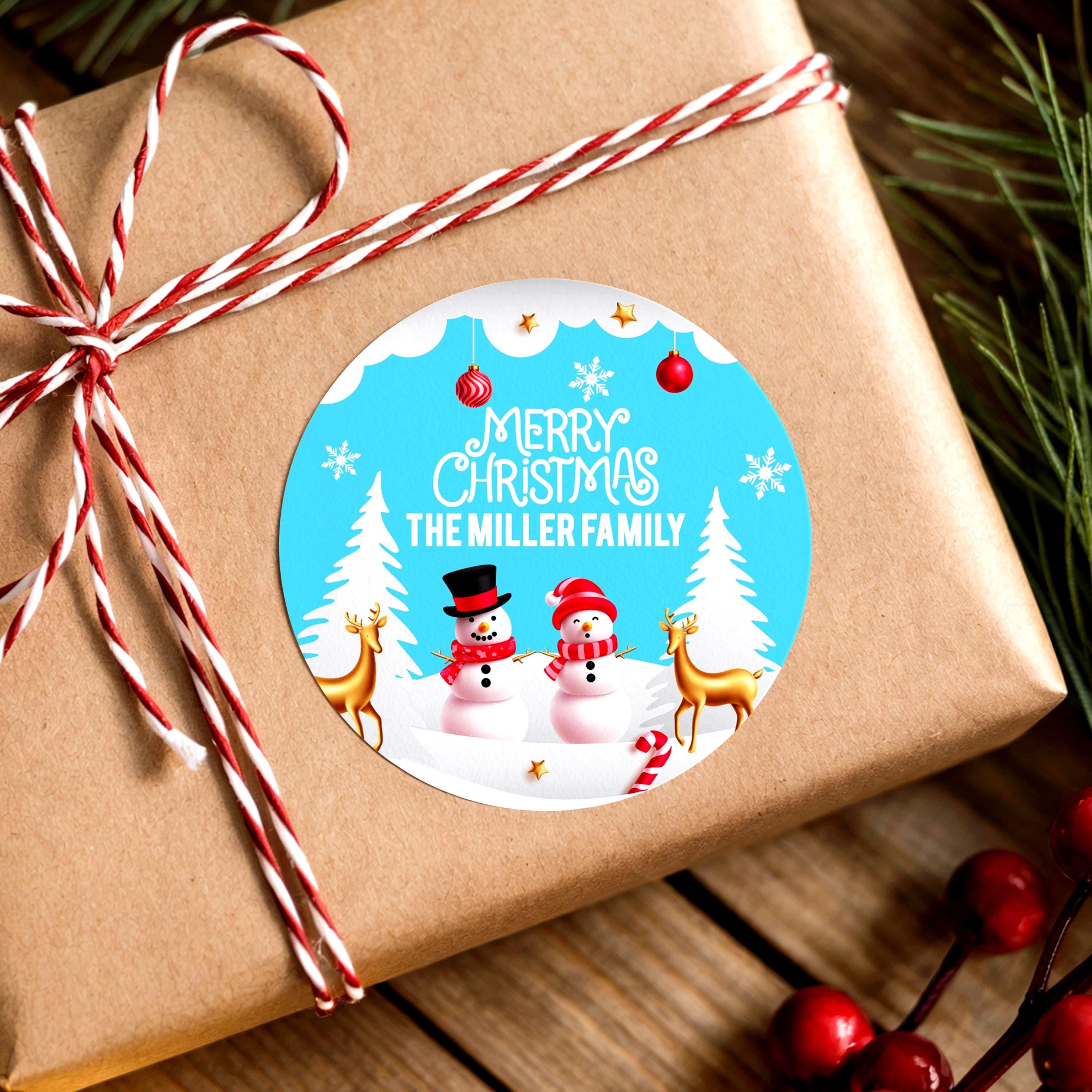 Merry Christmas Snowman Stickers, Personalized Round Holiday Labels