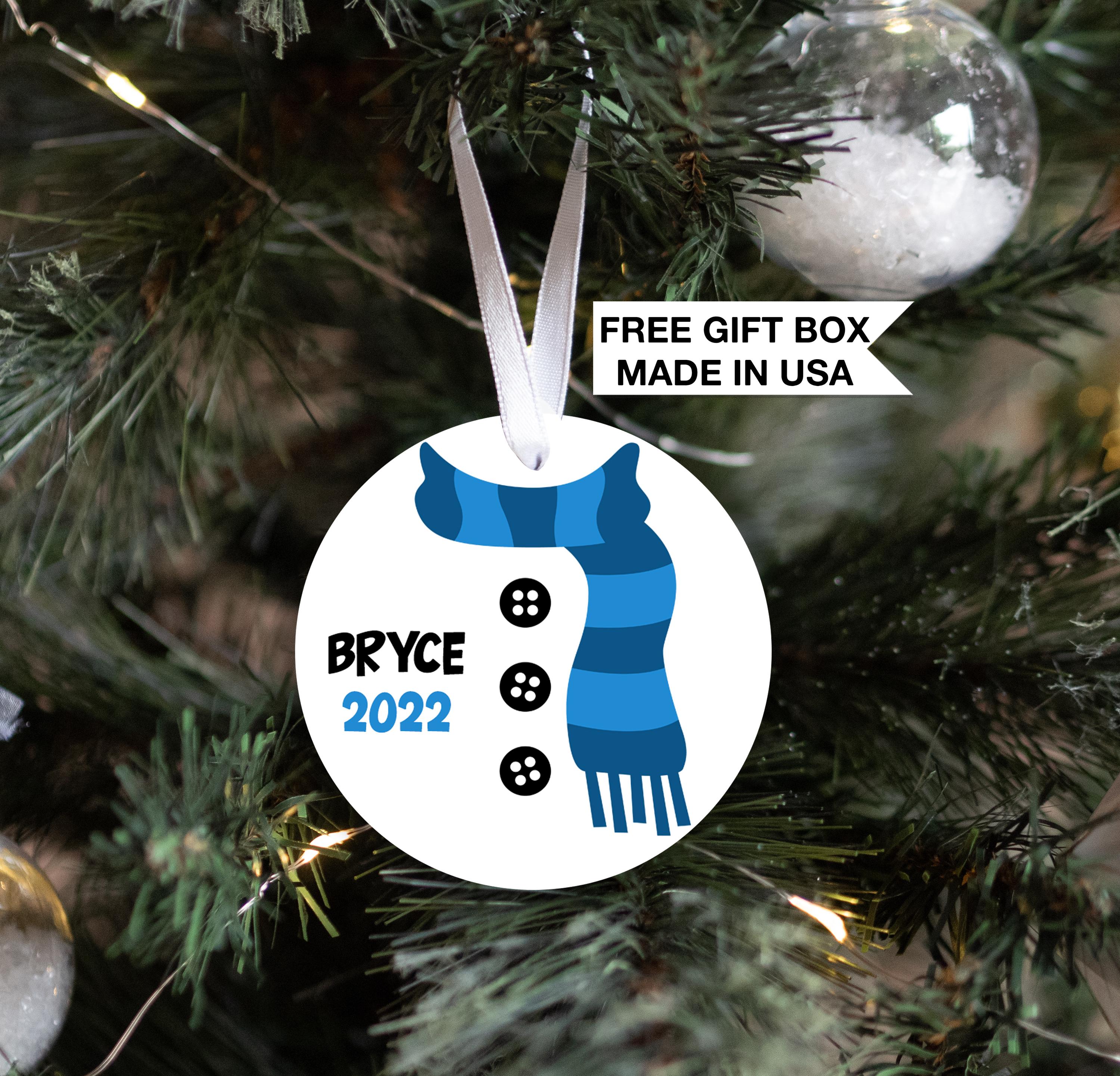 Snowman Scarf Blue Ornament, Personalized Baby Boy First Christmas
