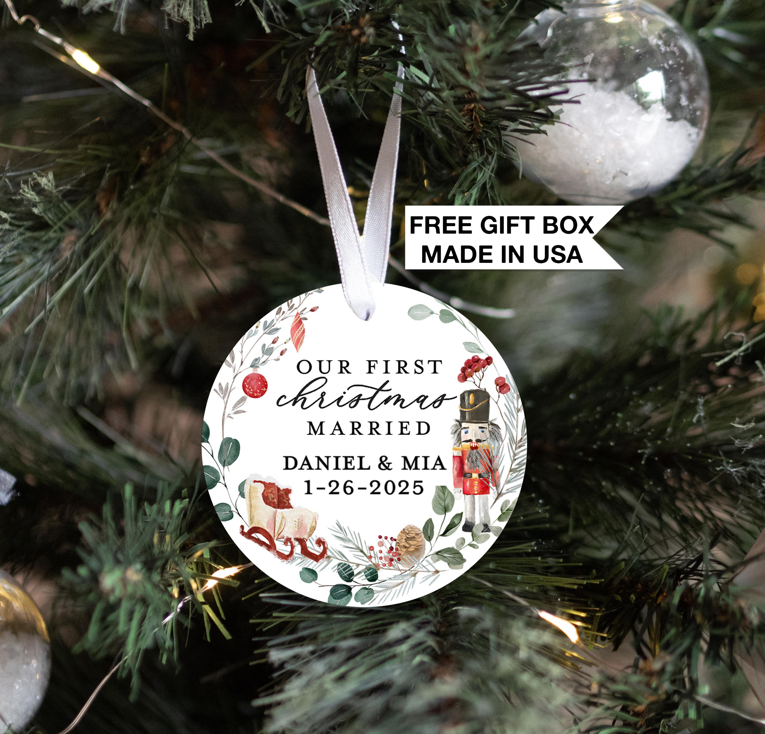 First Christmas Married Ornament - Mr and Mrs | Personalized Wooden Soldier Wreath Ornament