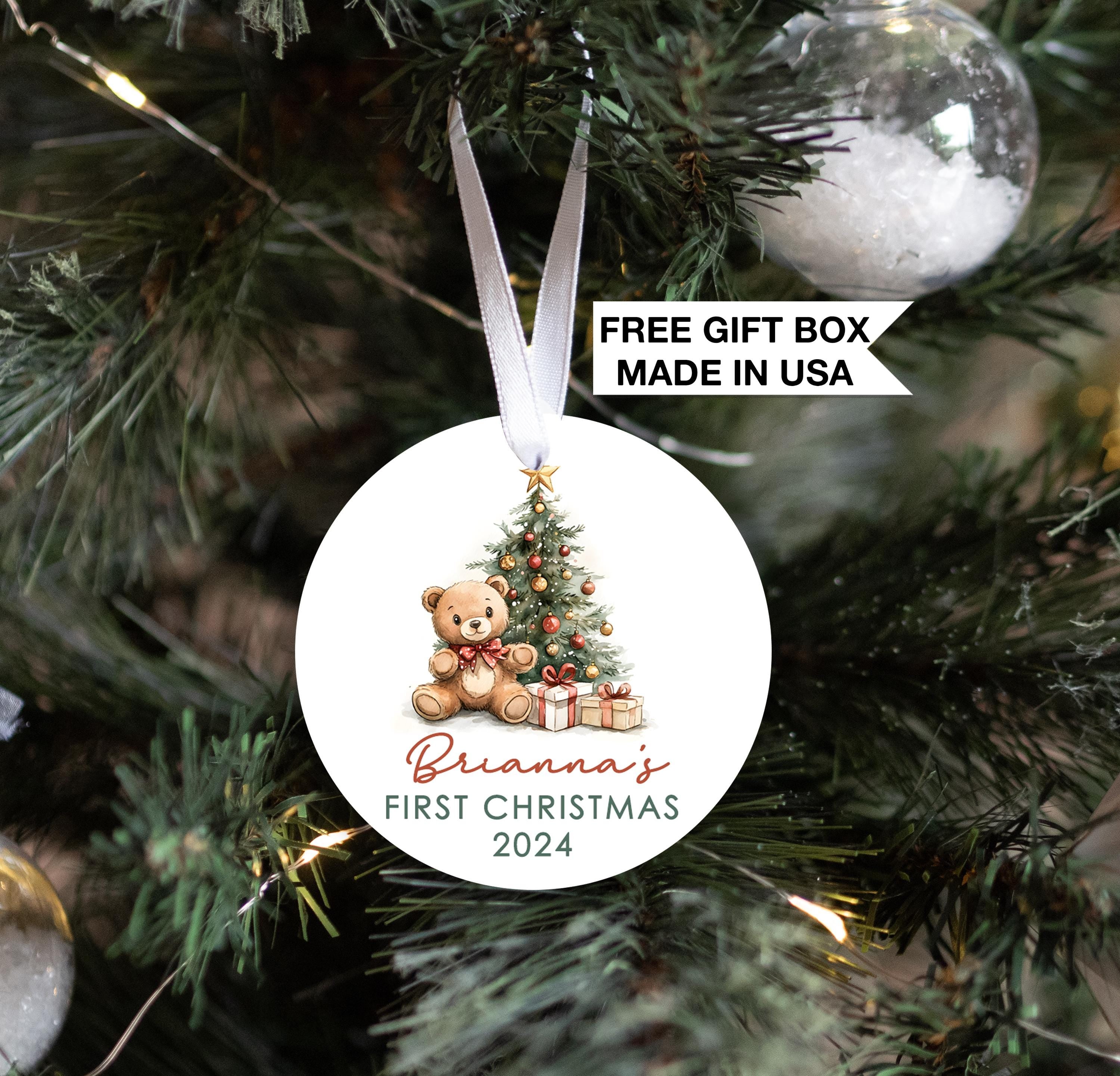 Baby's First Christmas Tree Ornament, Personalized Teddy Bear Baby 1st Christmas