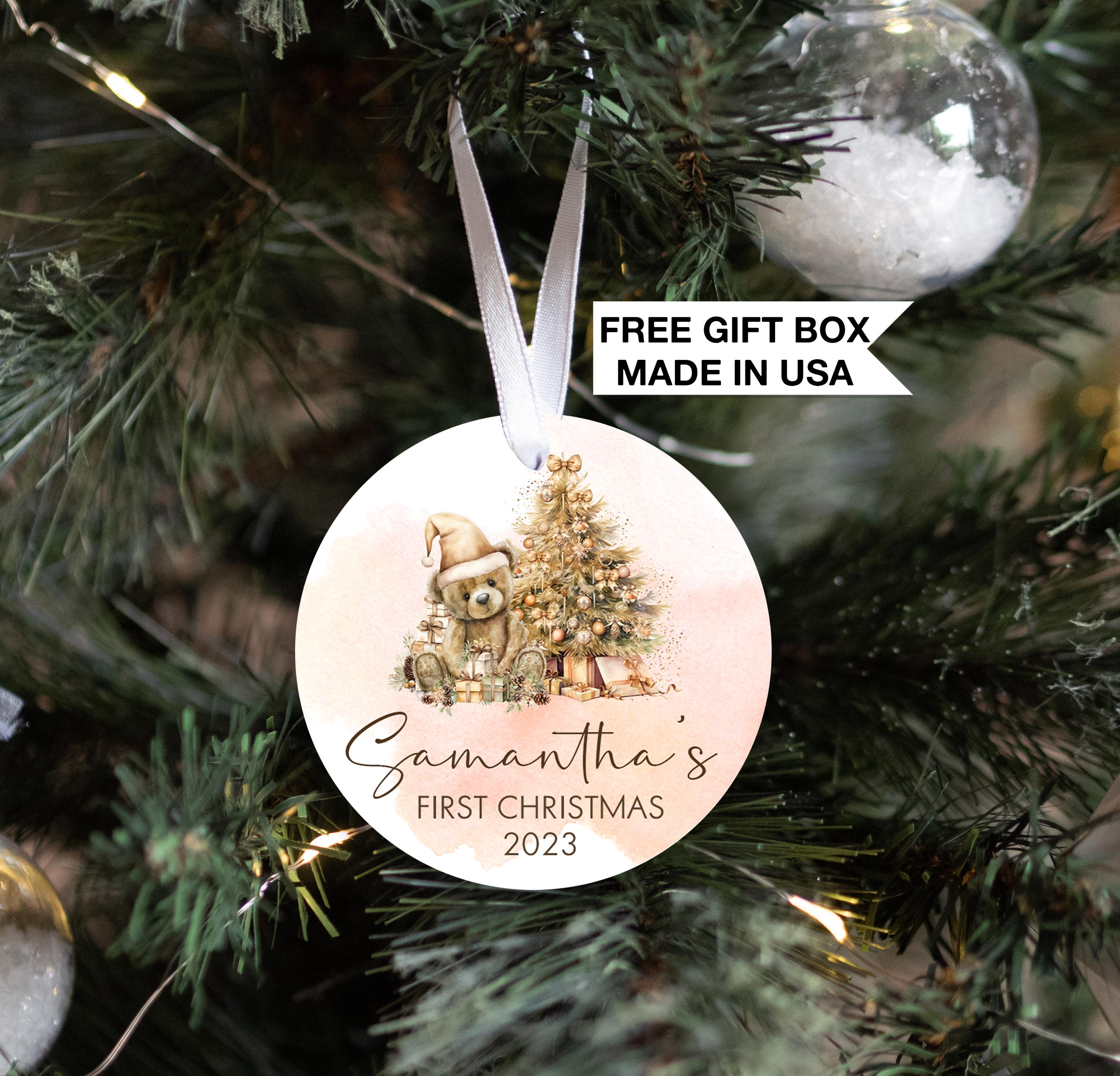 Teddy Bear Gold Baby's First Christmas Ornament, Personalized Baby First Christmas