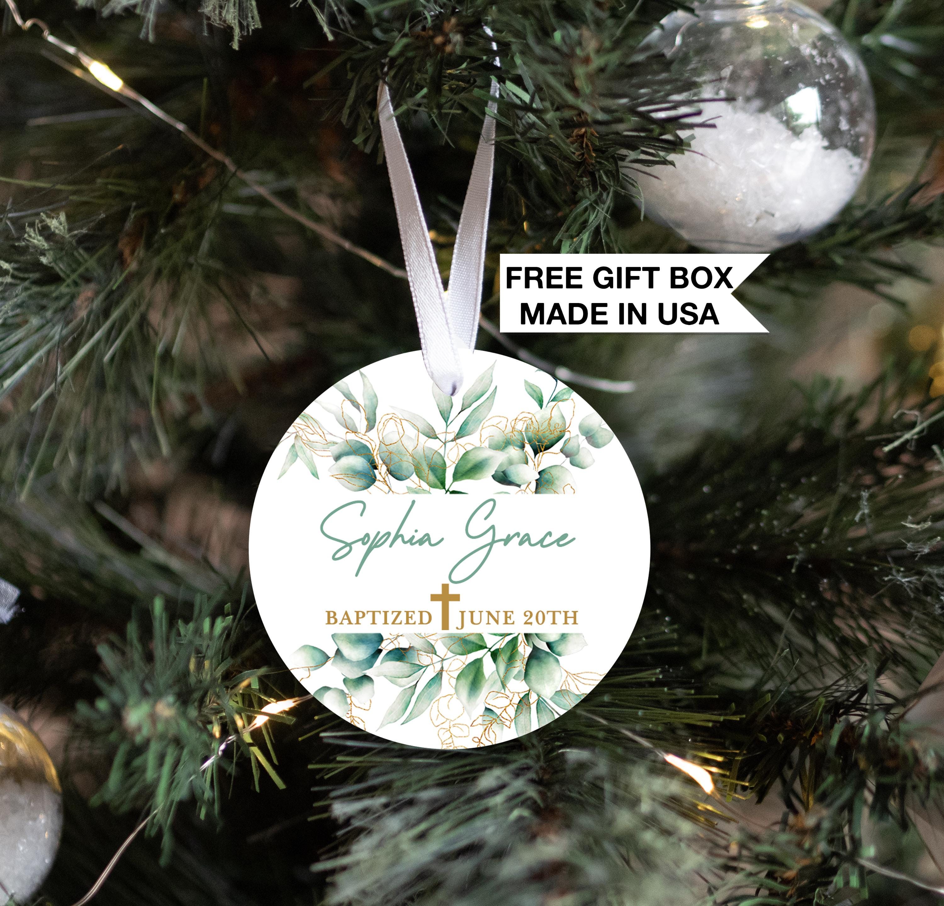 Baptism Floral Ornament, Personalized Green Gold Cross Keepsake