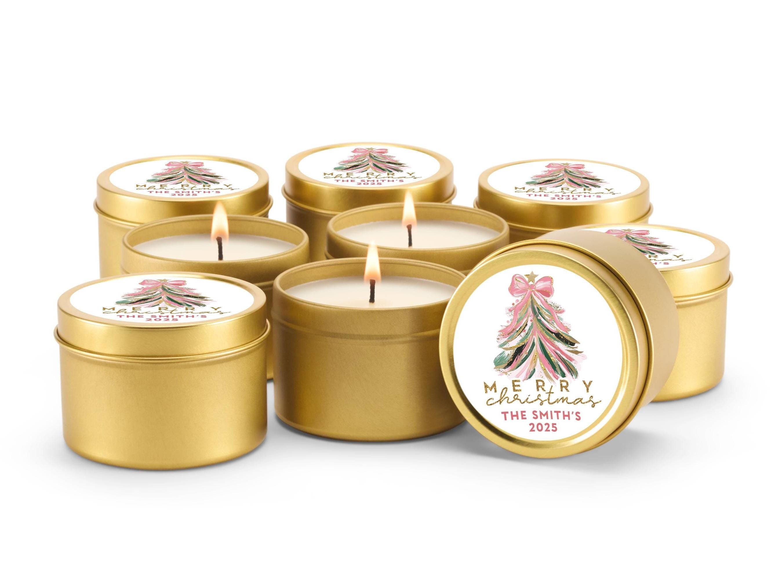 Pink Gold Christmas Tree Candle Tins, Personalized Corporate Gift Soy Candles, Set of 10