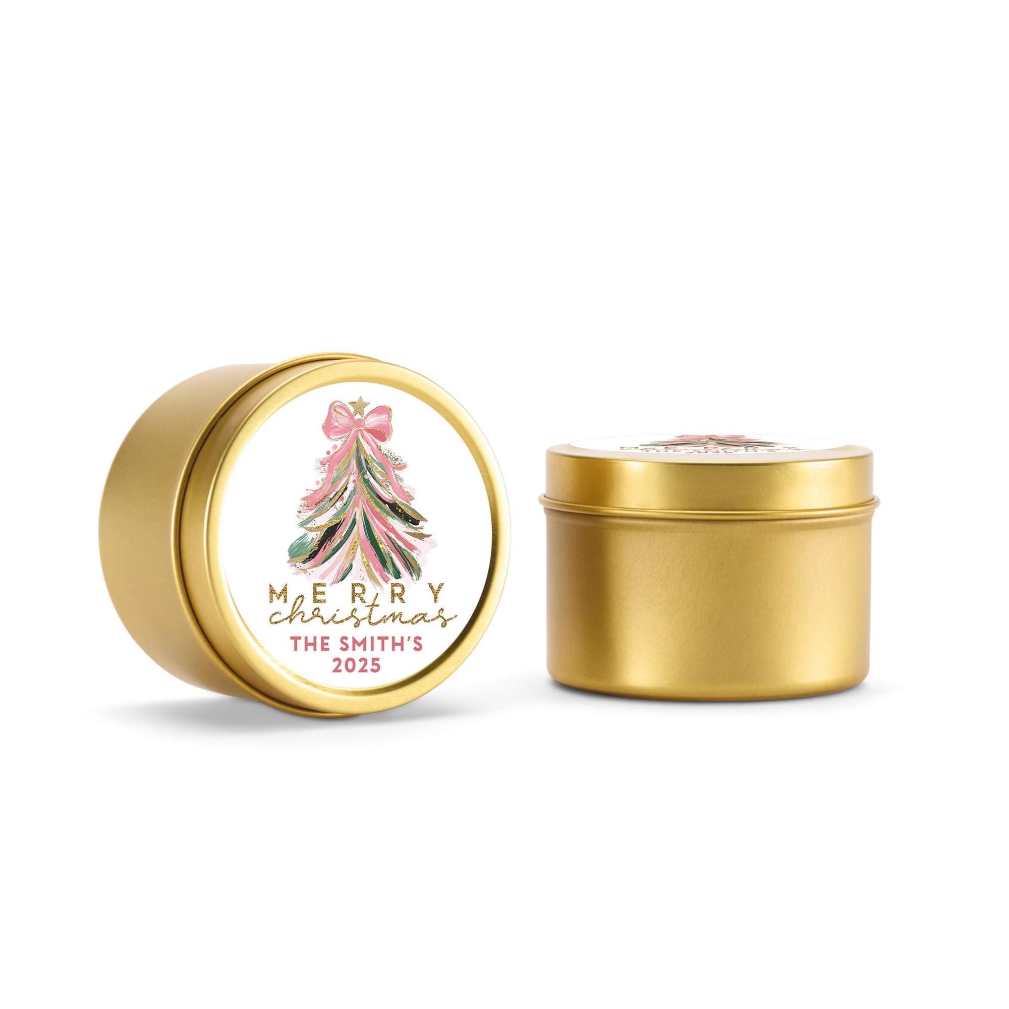 Pink Gold Christmas Tree Candle Tins, Personalized Corporate Gift Soy Candles, Set of 10