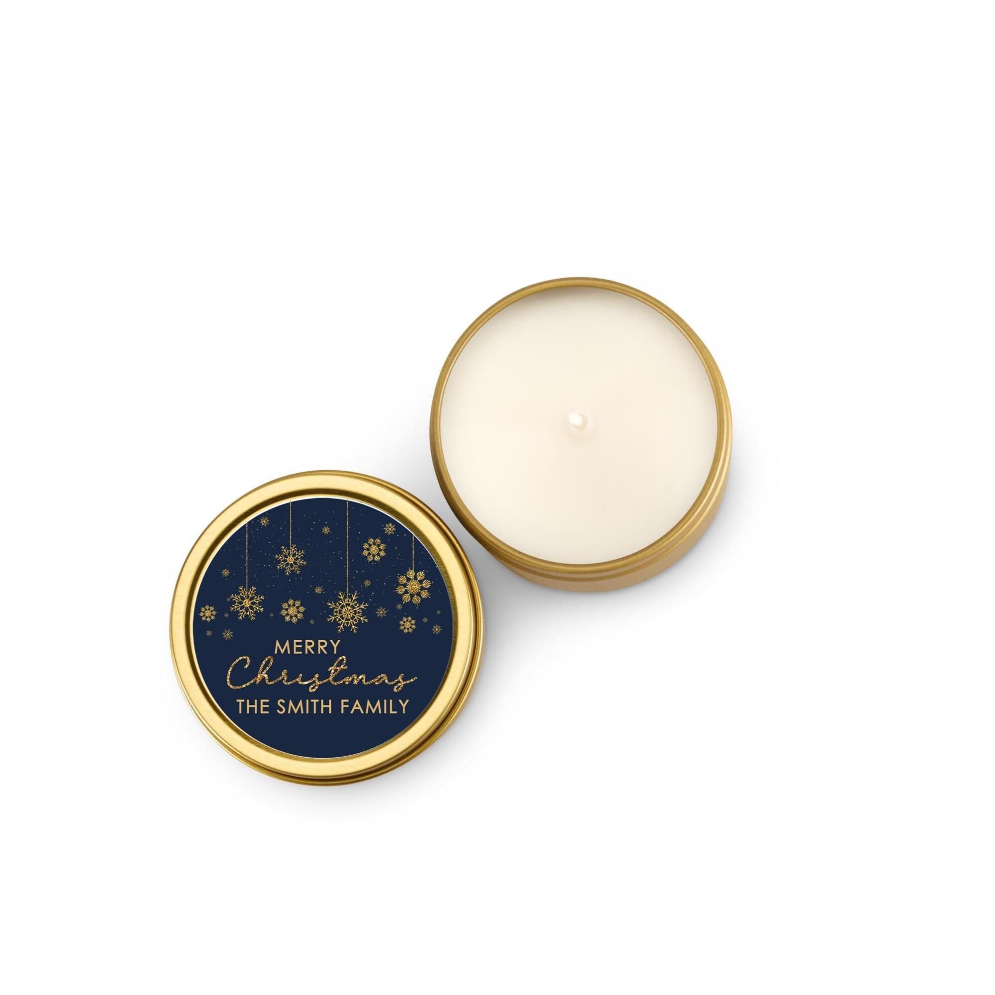 Snowflakes Blue Gold Christmas Candle Tins, Personalized Corporate Gift Soy Candles, Set of 10