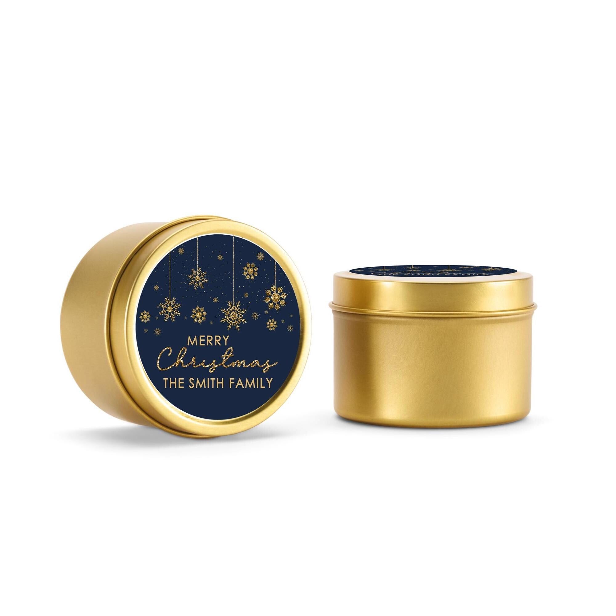 Snowflakes Blue Gold Christmas Candle Tins, Personalized Corporate Gift Soy Candles, Set of 10