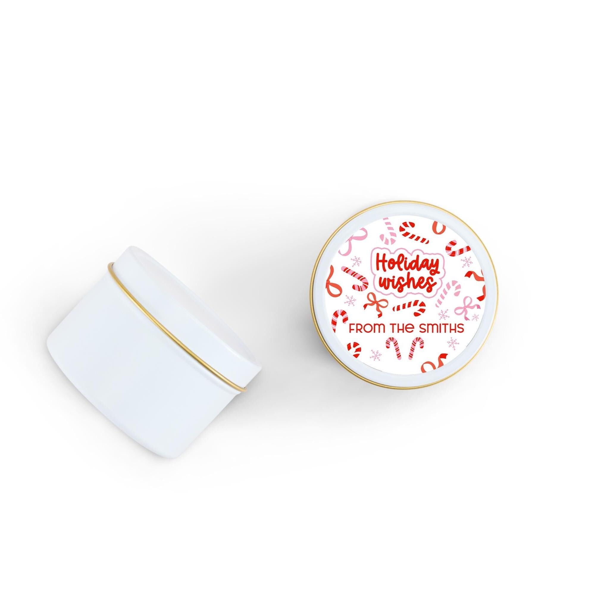 Candy Cane Red Bows Christmas Candle Tins, Personalized Corporate Soy Candles, Set of 10