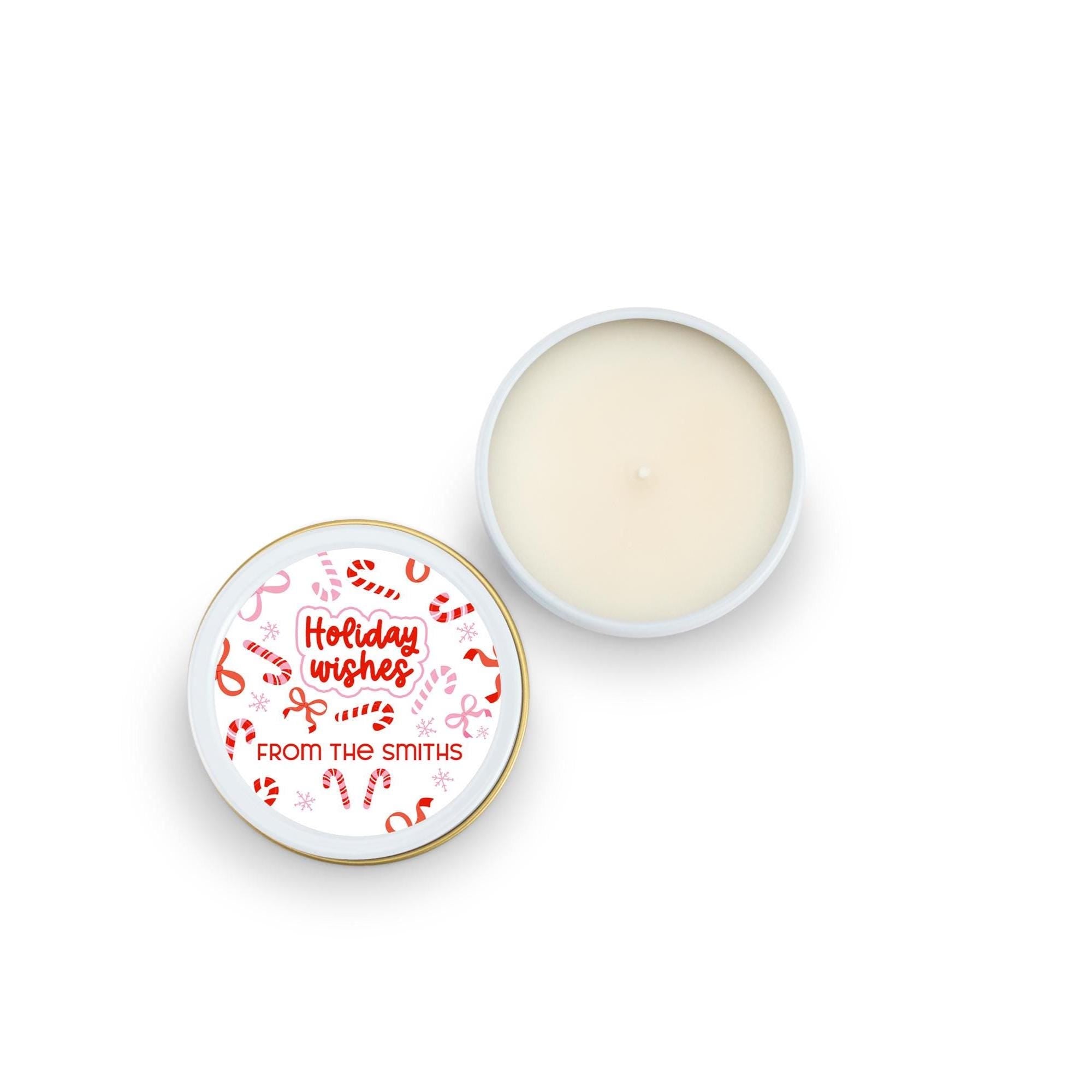 Candy Cane Red Bows Christmas Candle Tins, Personalized Corporate Soy Candles, Set of 10