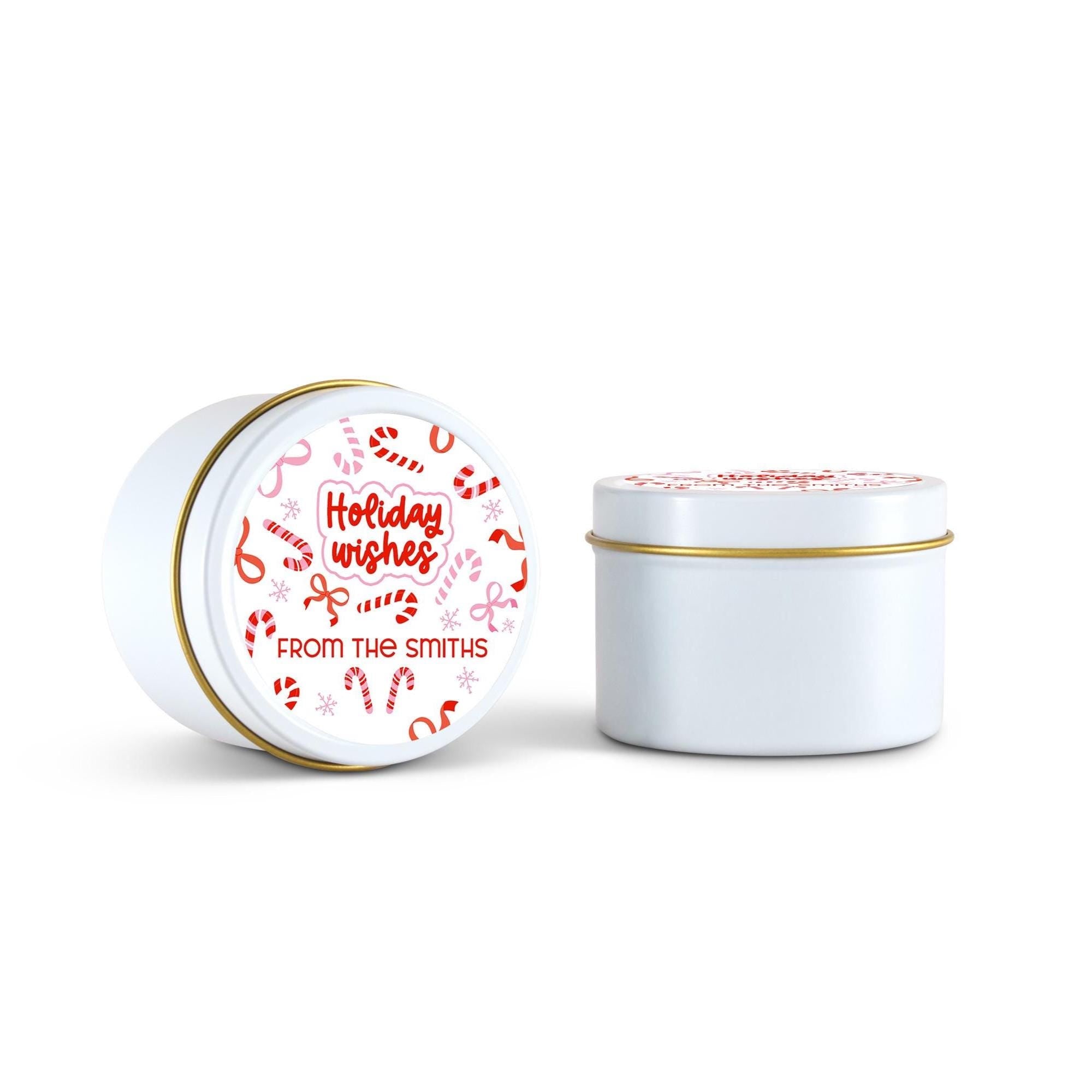 Candy Cane Red Bows Christmas Candle Tins, Personalized Corporate Soy Candles, Set of 10