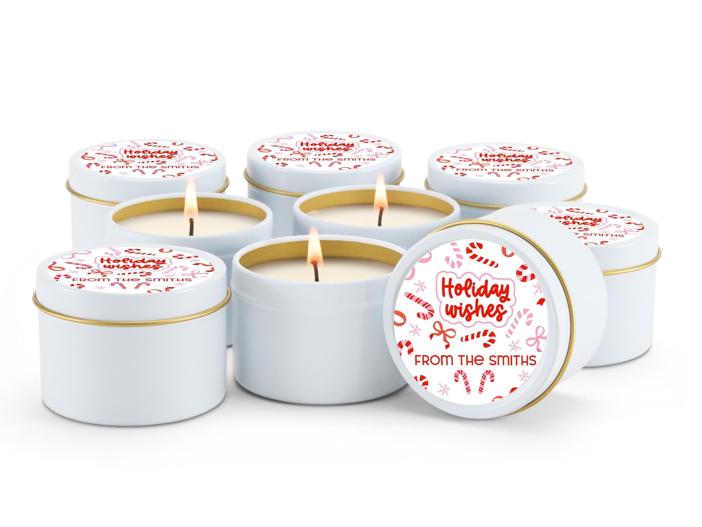 Candy Cane Red Bows Christmas Candle Tins, Personalized Corporate Soy Candles, Set of 10