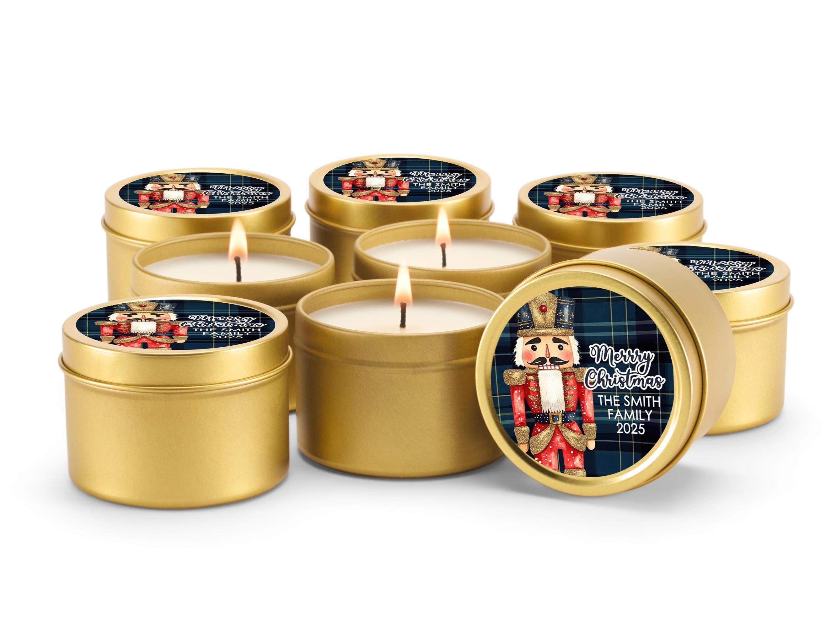 Nutcracker Plaid Christmas Candle Tins, Personalized Corporate Gift Soy Candles, Set of 10