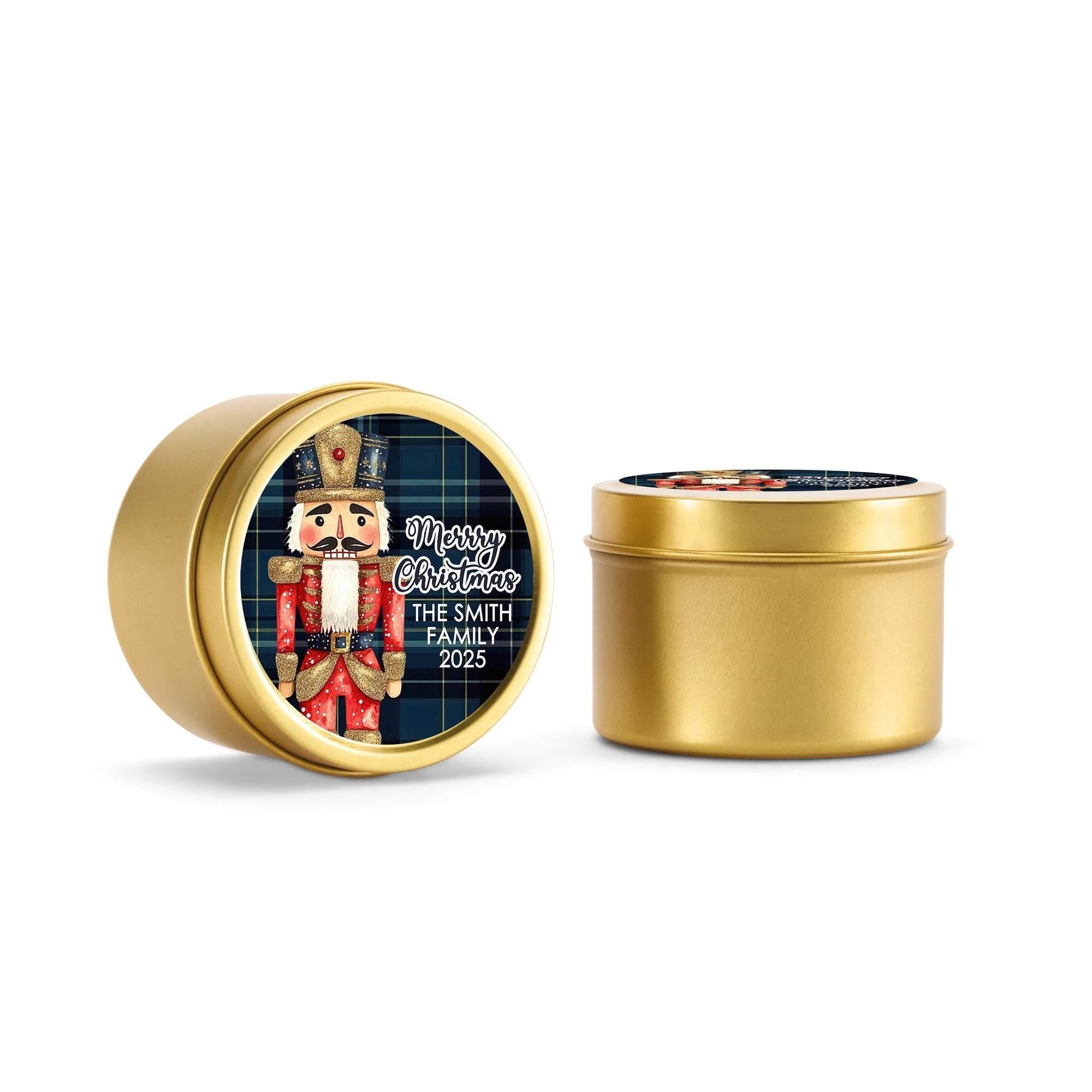 Nutcracker Plaid Christmas Candle Tins, Personalized Corporate Gift Soy Candles, Set of 10