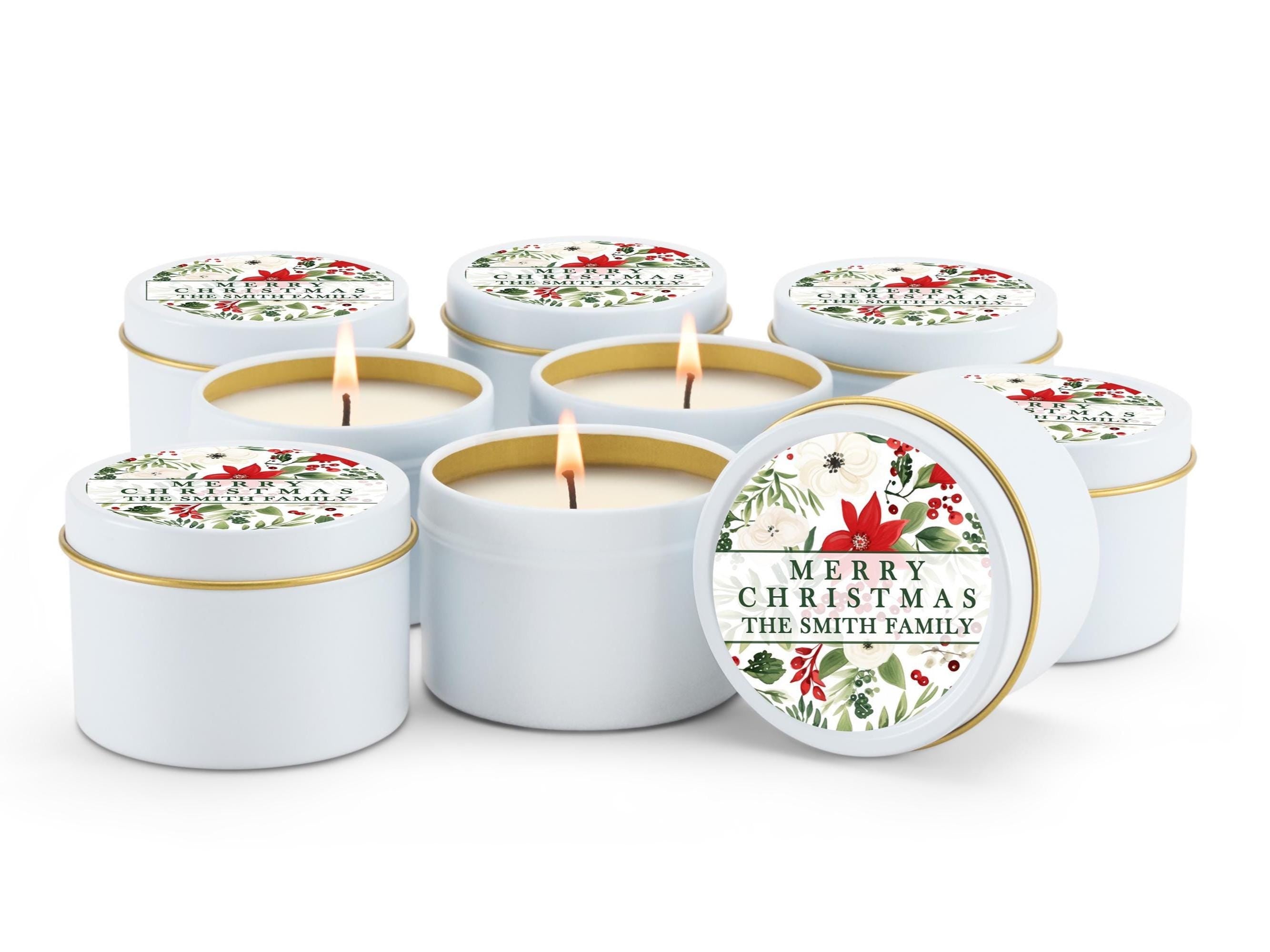Poinsettia Botanical Candle Tins, Personalized Corporate Soy Candles, Set of 10