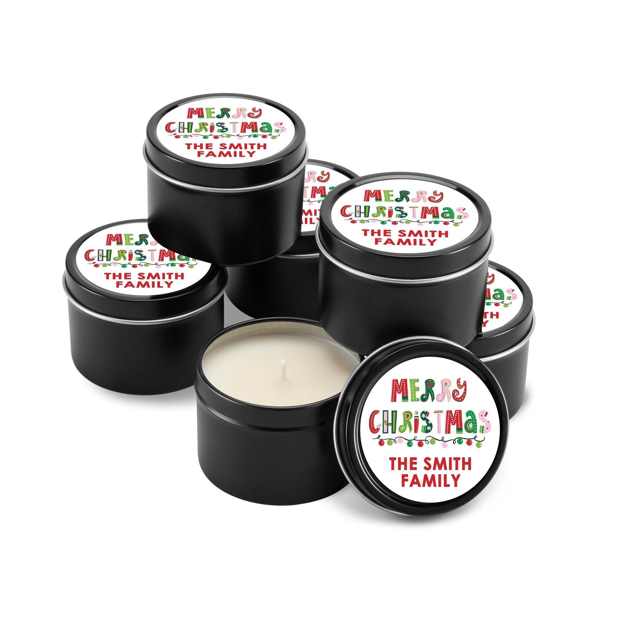 Merry Christmas Lights Candle Tins, Personalized Corporate Soy Candles, Set of 10