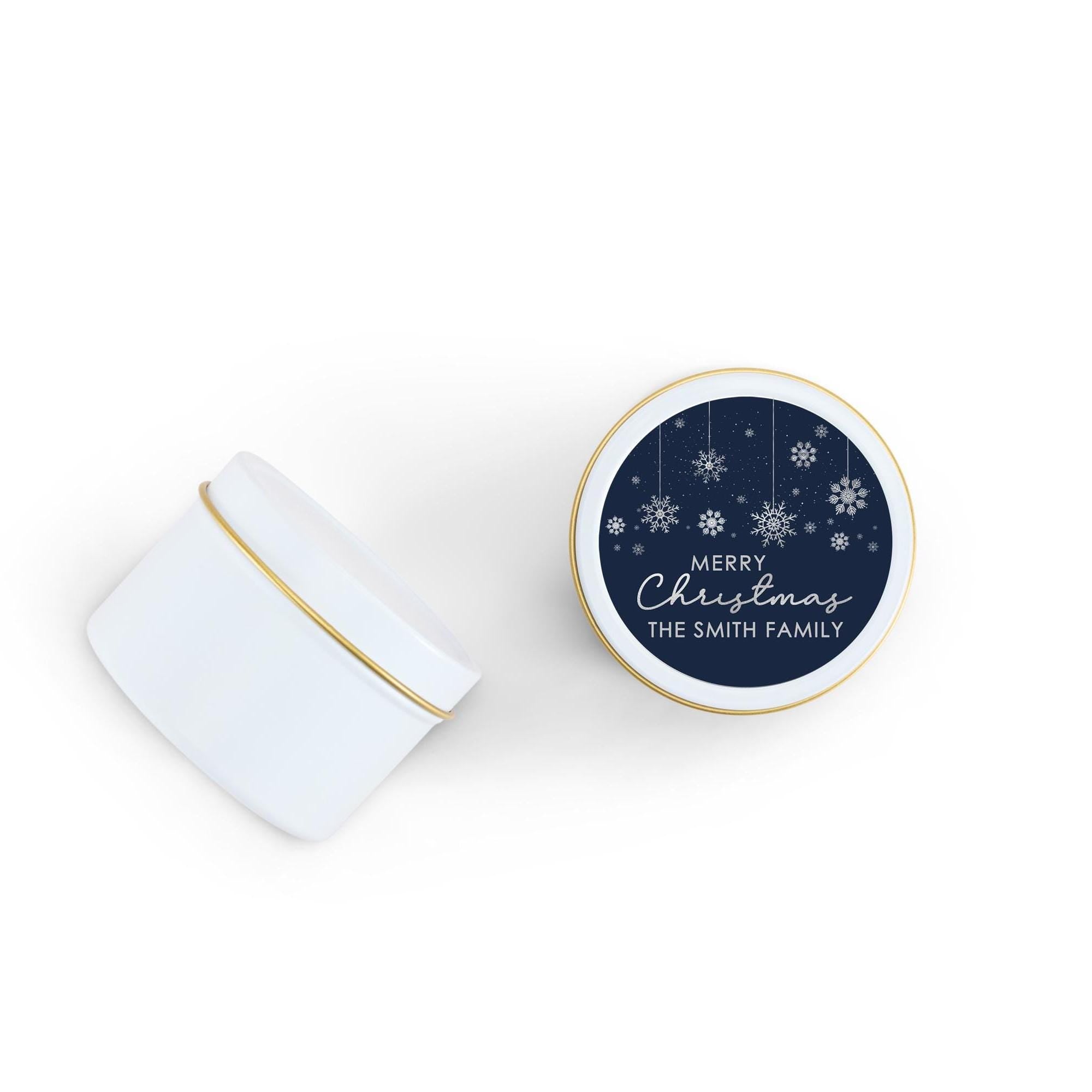 Snowflakes Blue Silver Candle Tins, Personalized Corporate Soy Candles, Set of 10