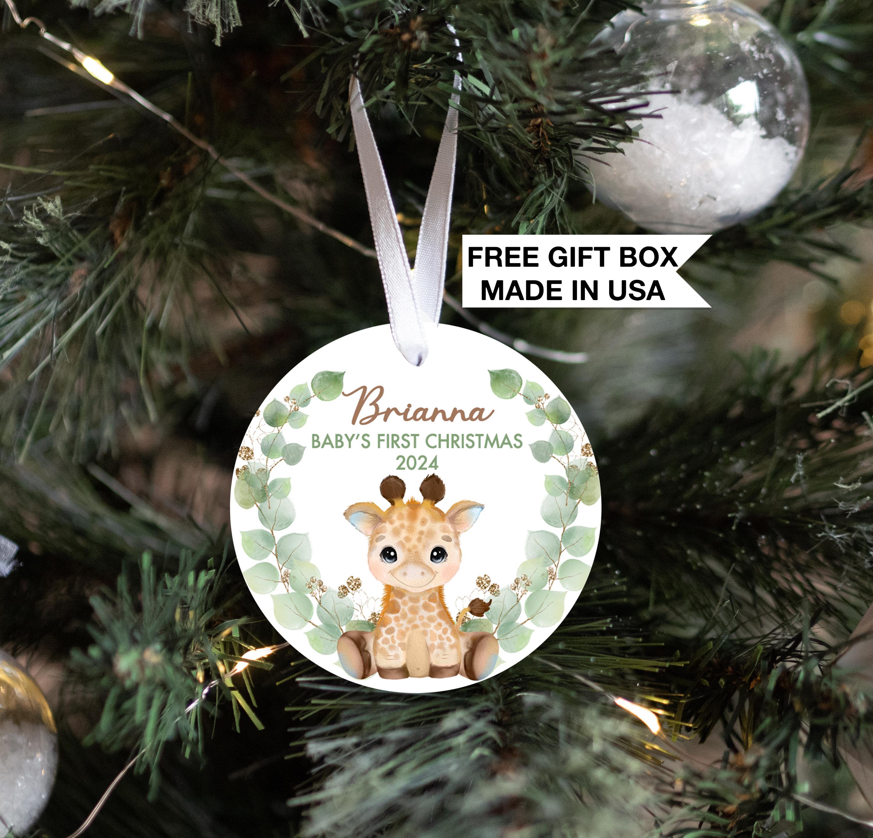 Baby's First Christmas Ornament, Personalized Giraffe Woodland Theme Keepsake
