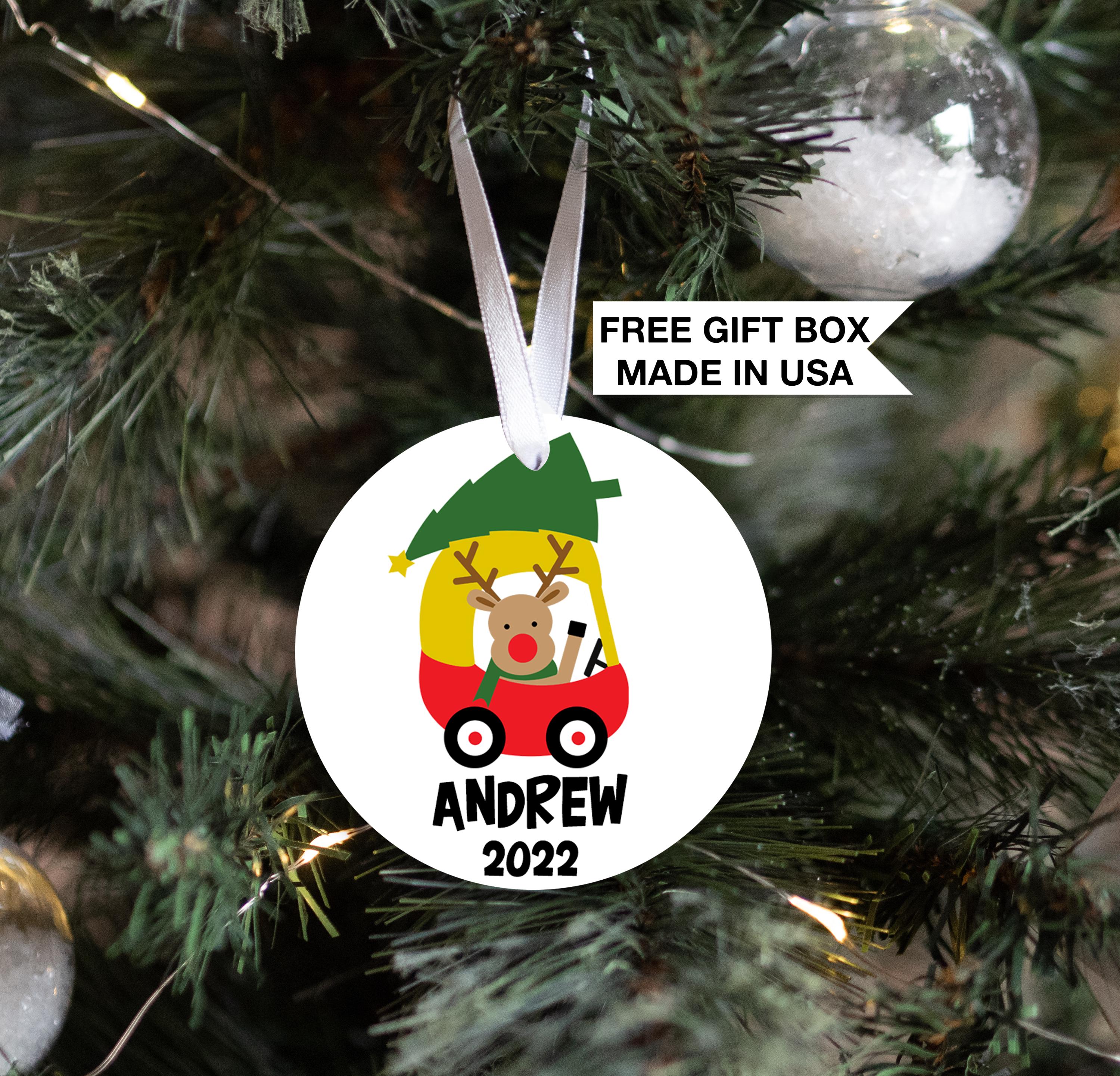 Baby's First Christmas Ornament, Personalized Red Truck and Reindeer Keepsake