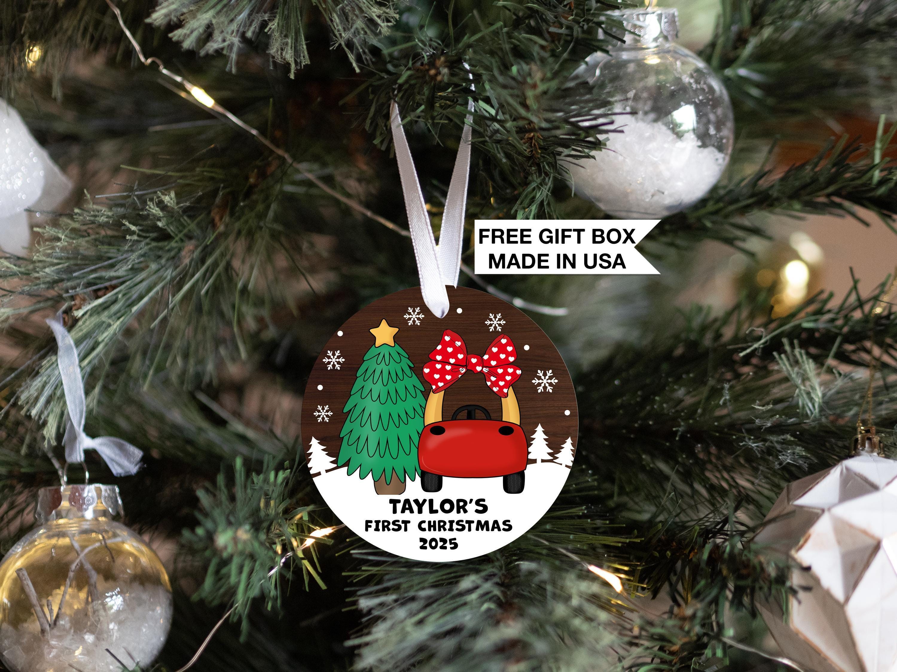 Baby's First Christmas Ornament, Personalized Baby Girl Cozy Coupe Red Truck