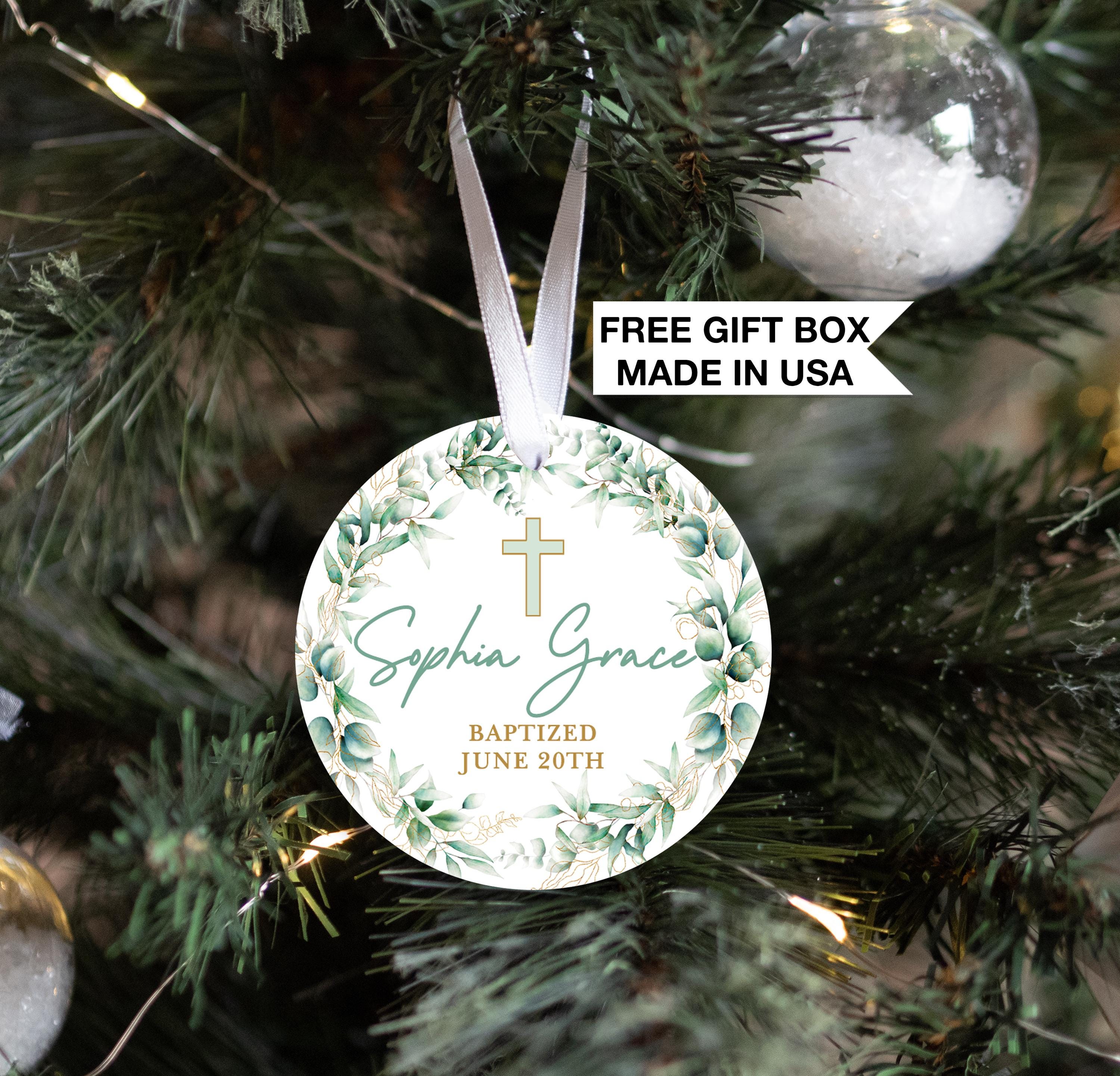 Floral Cross Baptism Ornament, Personalized Communion Green Gold Ornament