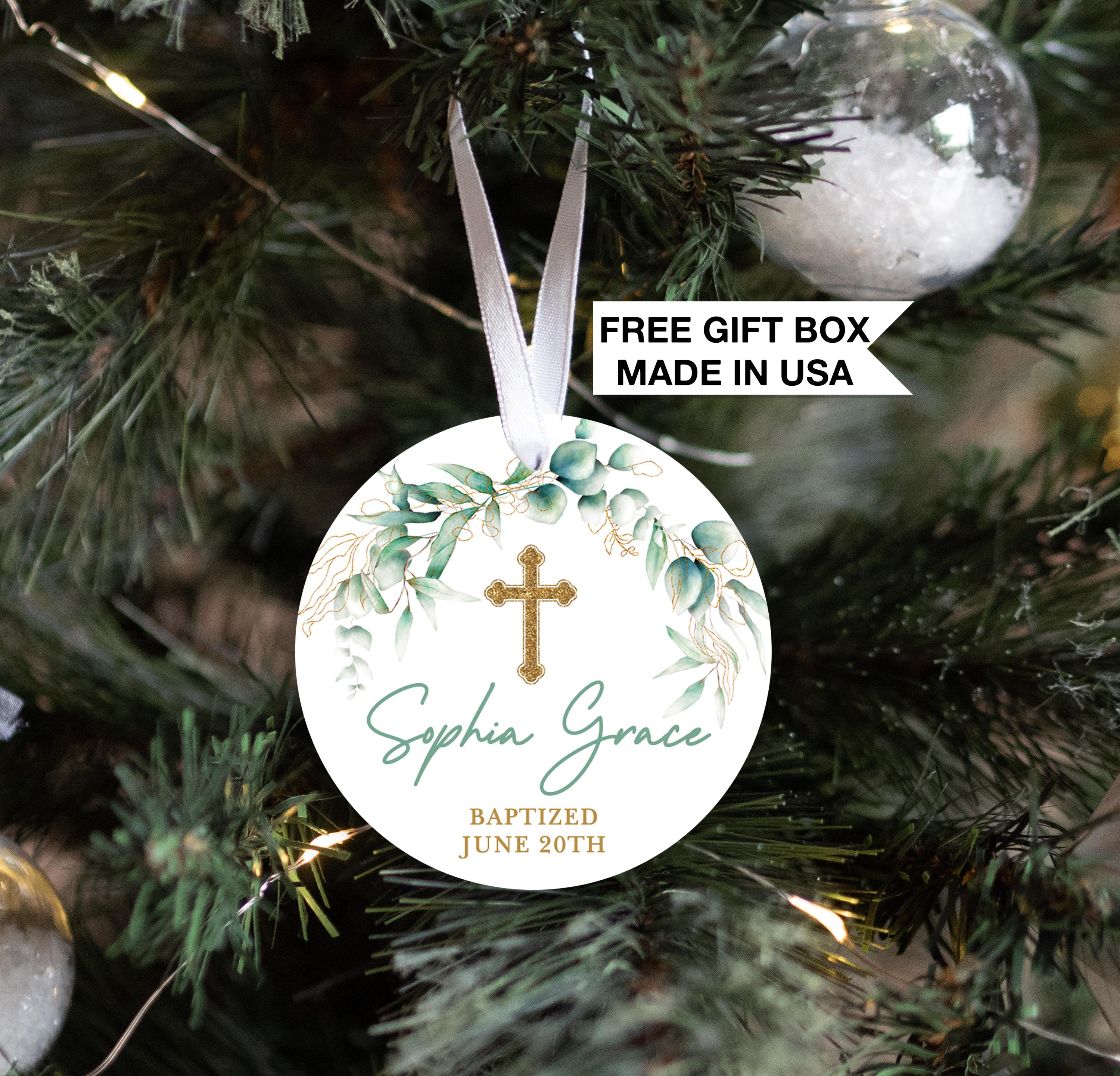 Baptism Cross Ornament, Personalized Green Gold Communion gift