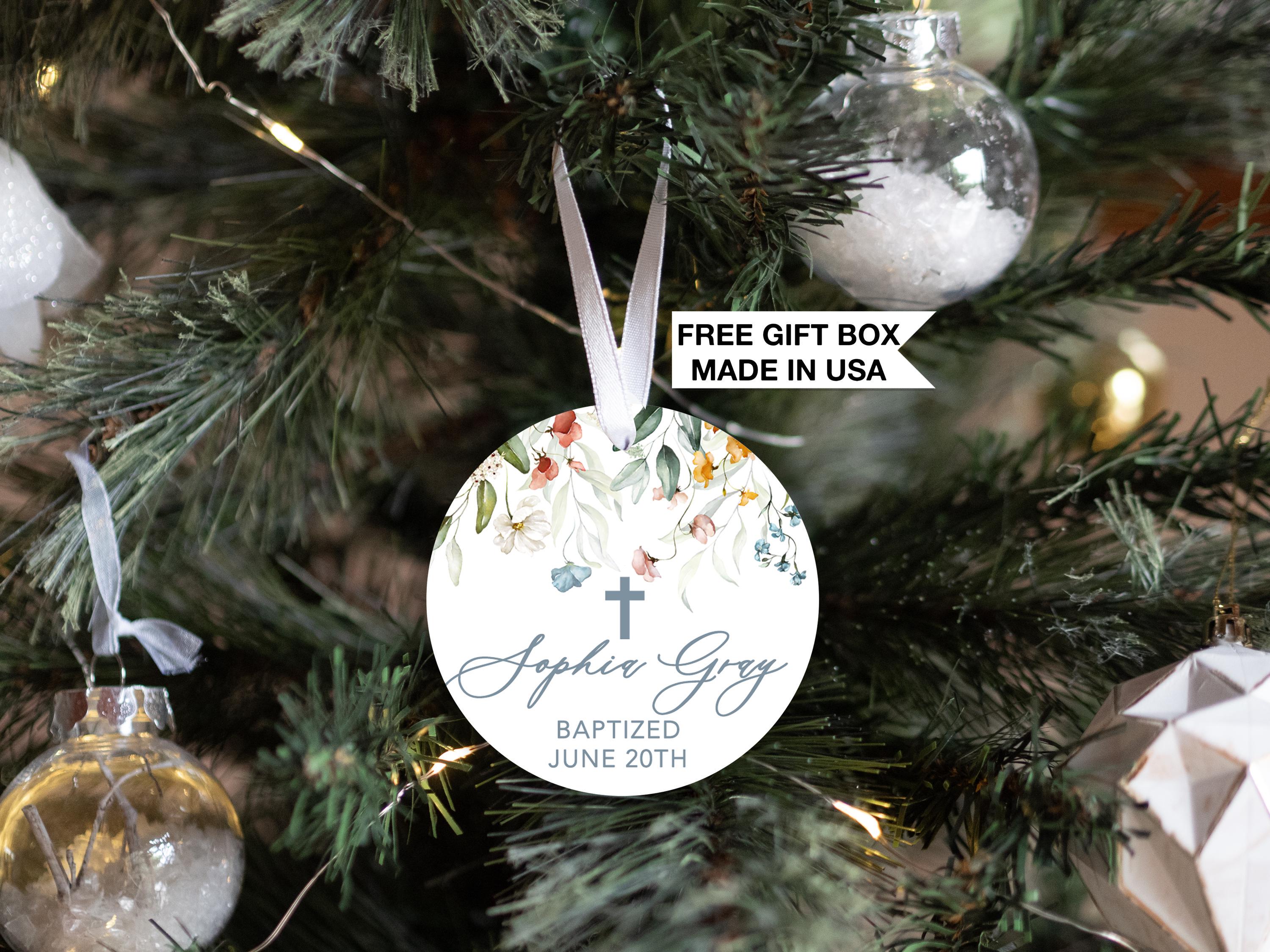 Cross Ceramic Ornament, Personalized Baptism Gift for Girl, Custom Christening Floral Gift