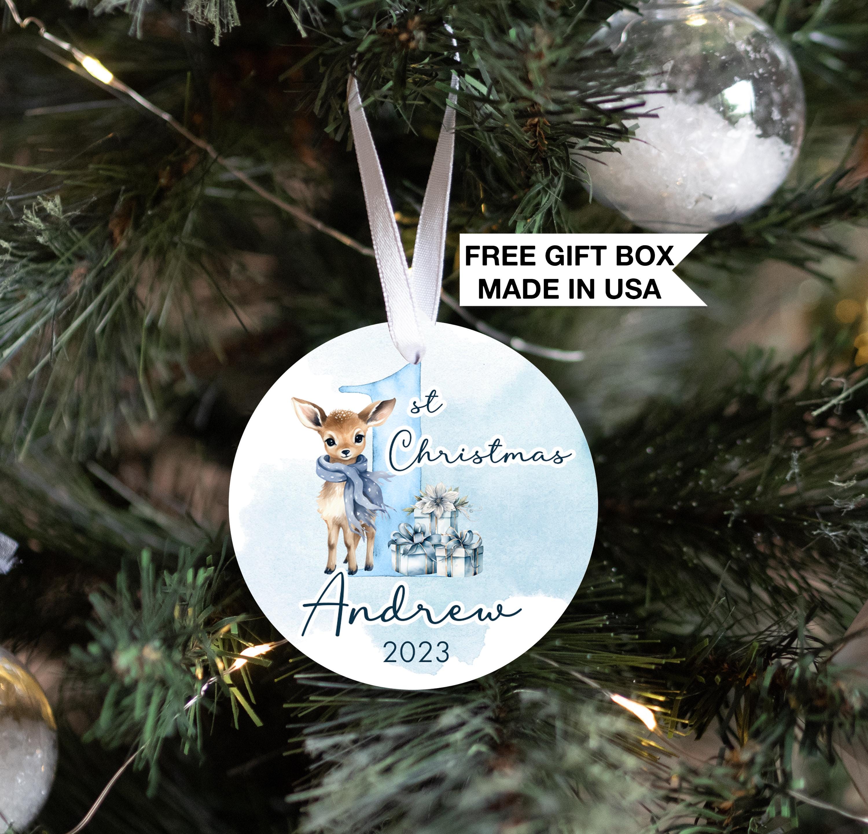 Deer Baby Boy First Christmas Ornament, Personalized Watercolor Deer Gift