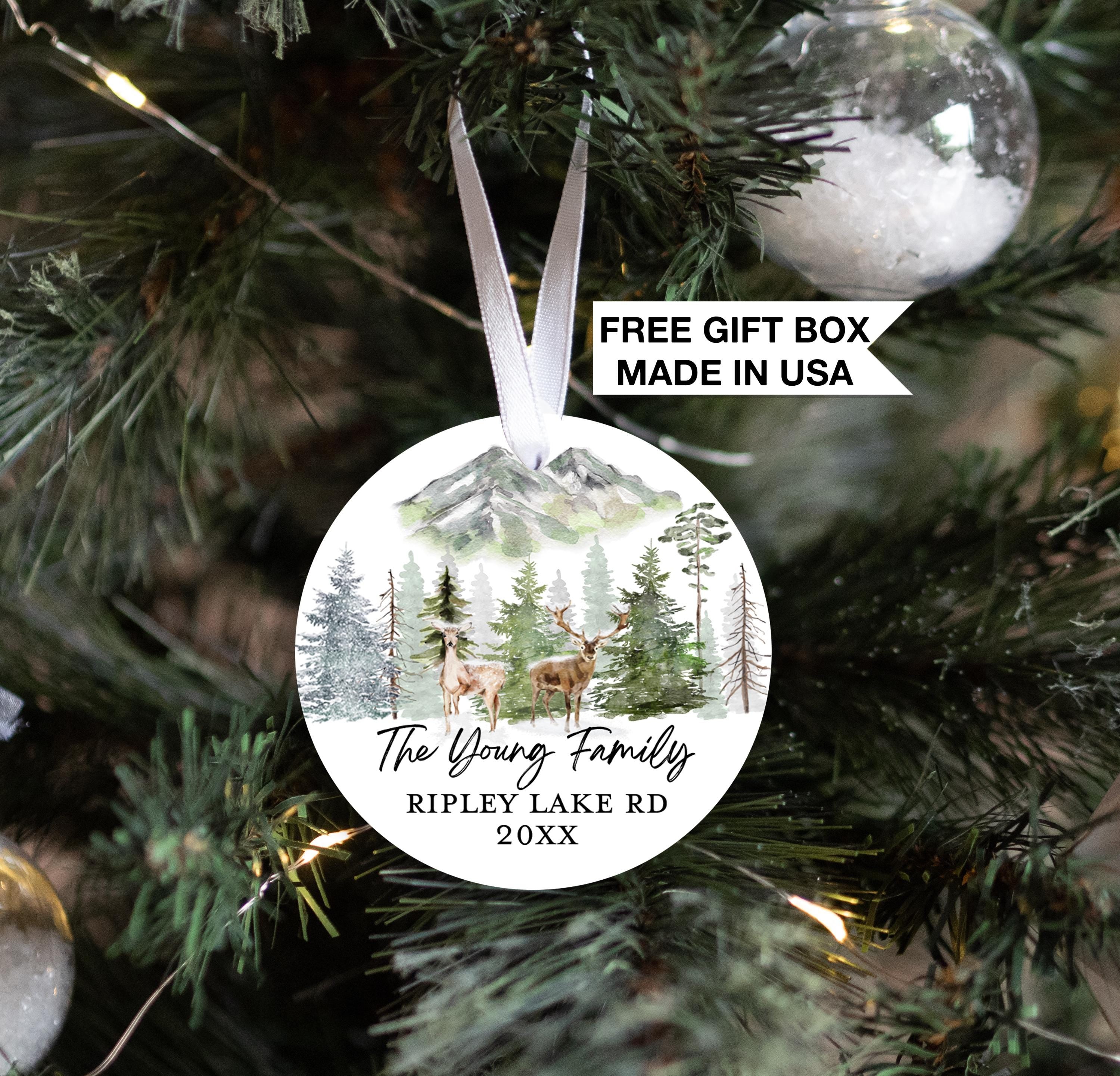 Winter Wonderland Baby's First Christmas Ornament, Personalized Deer Mountain Ornament