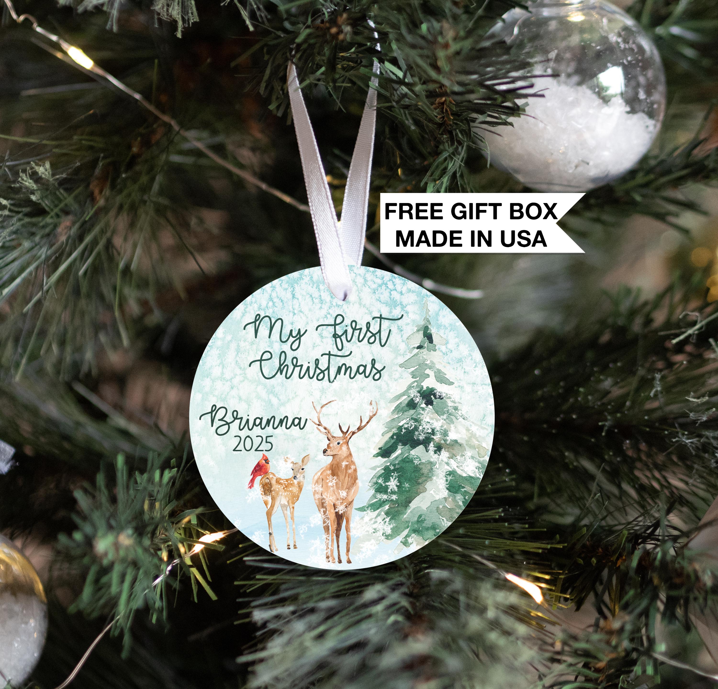 Deer Winter Wonderland Baby's First Christmas Ornament, Personalized Snowy Tree Ornament