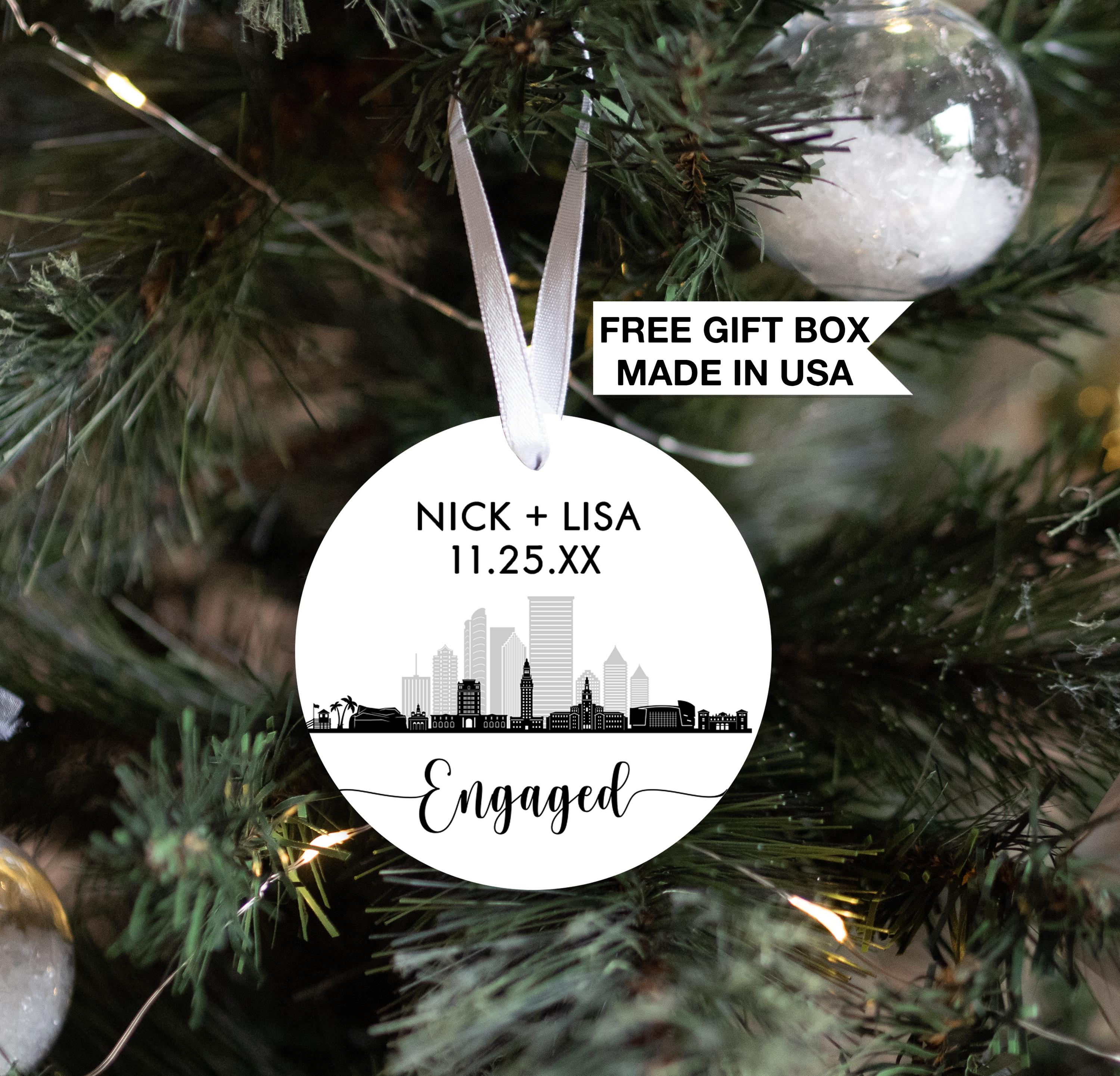 Engaged Miami Skyline Christmas Ornament, Personalized Our First Christmas Engagement