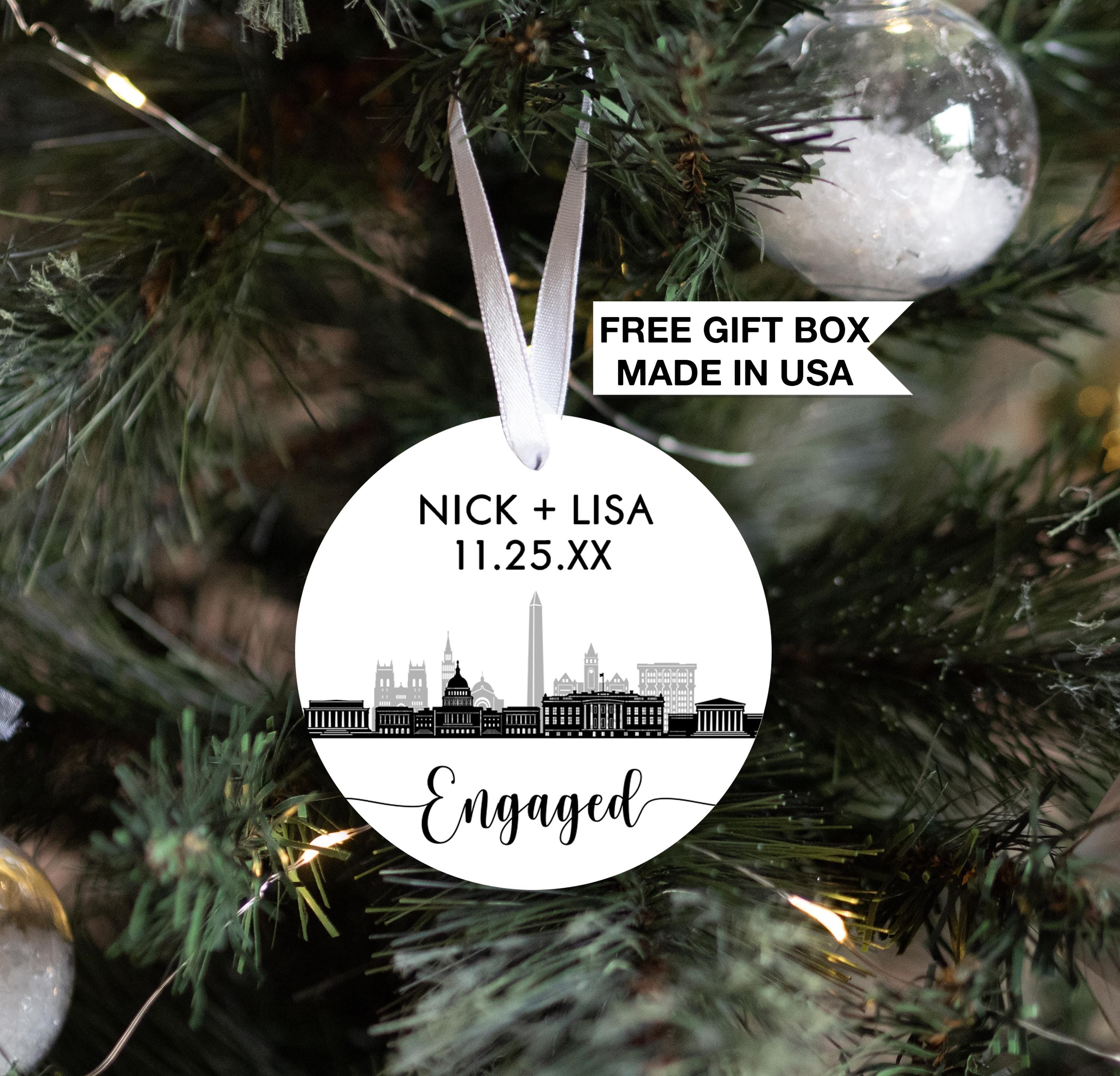 Engaged Washington DC Skyline Christmas Ornament, Personalized Our First Christmas Engagement