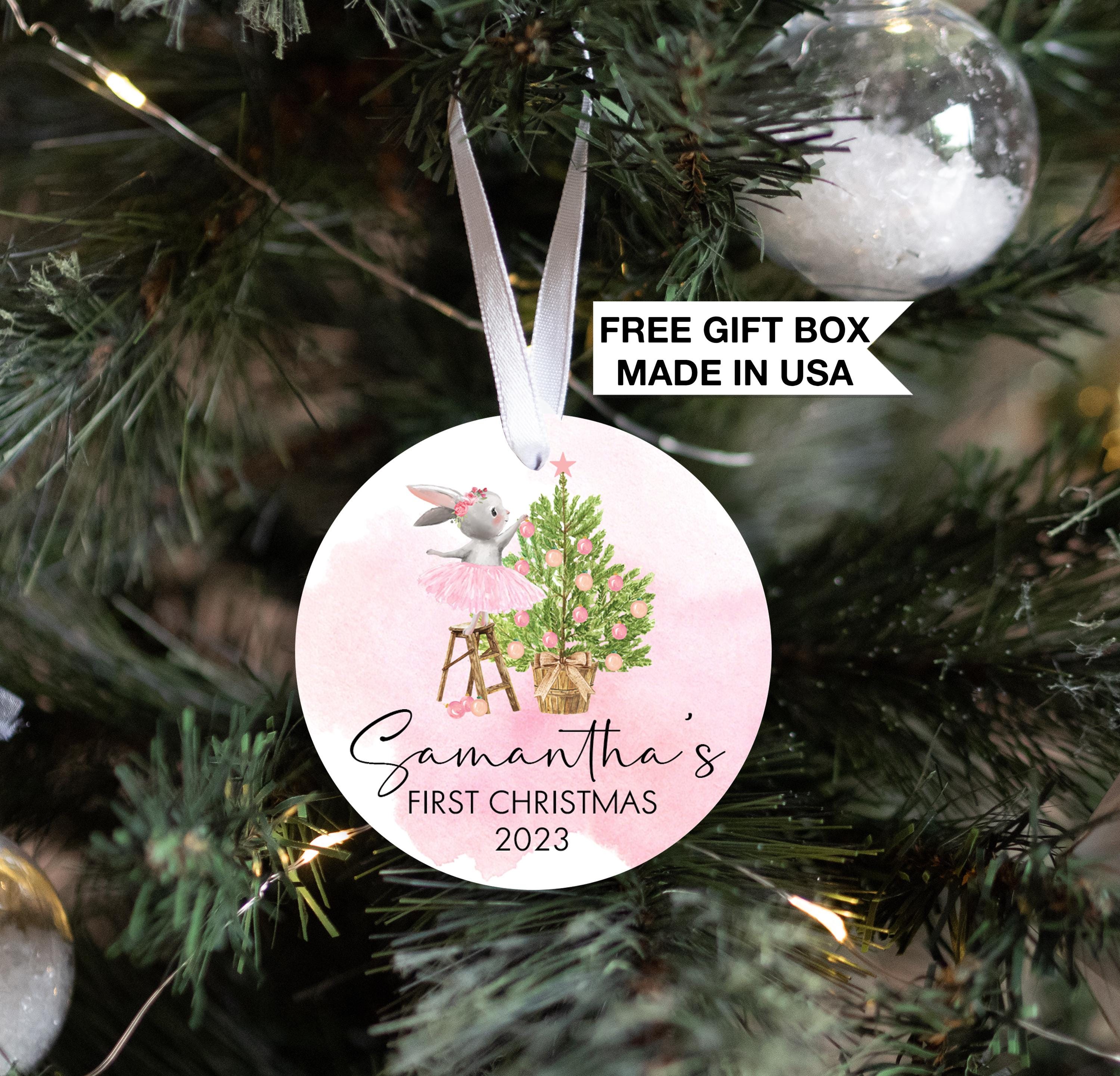 Ballerina Pink Rabbit Ornament, Personalized Baby Girl First Christmas Ornament