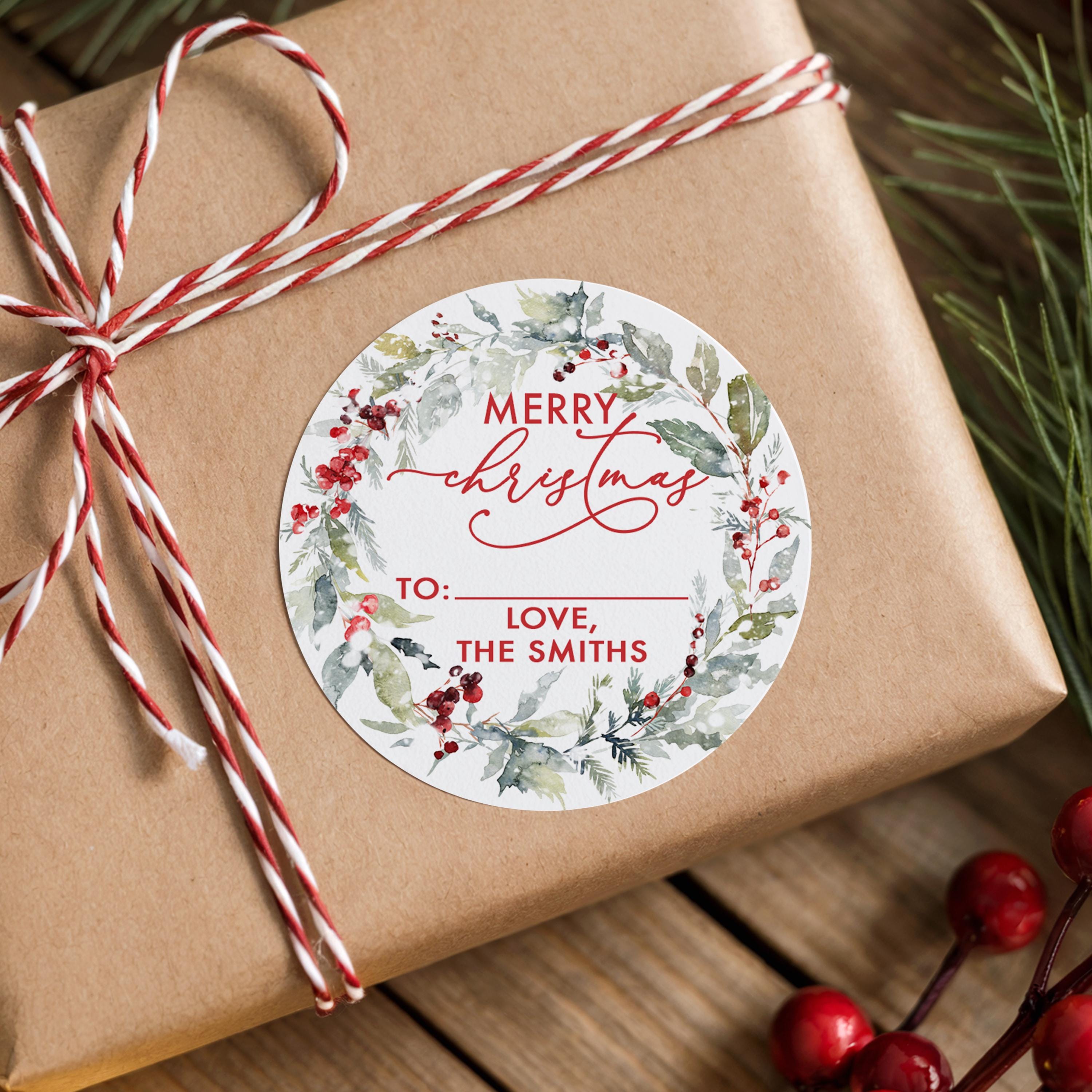 Merry Christmas Wreath Stickers, To From Gift Labels, Personalized Custom Holiday Tags