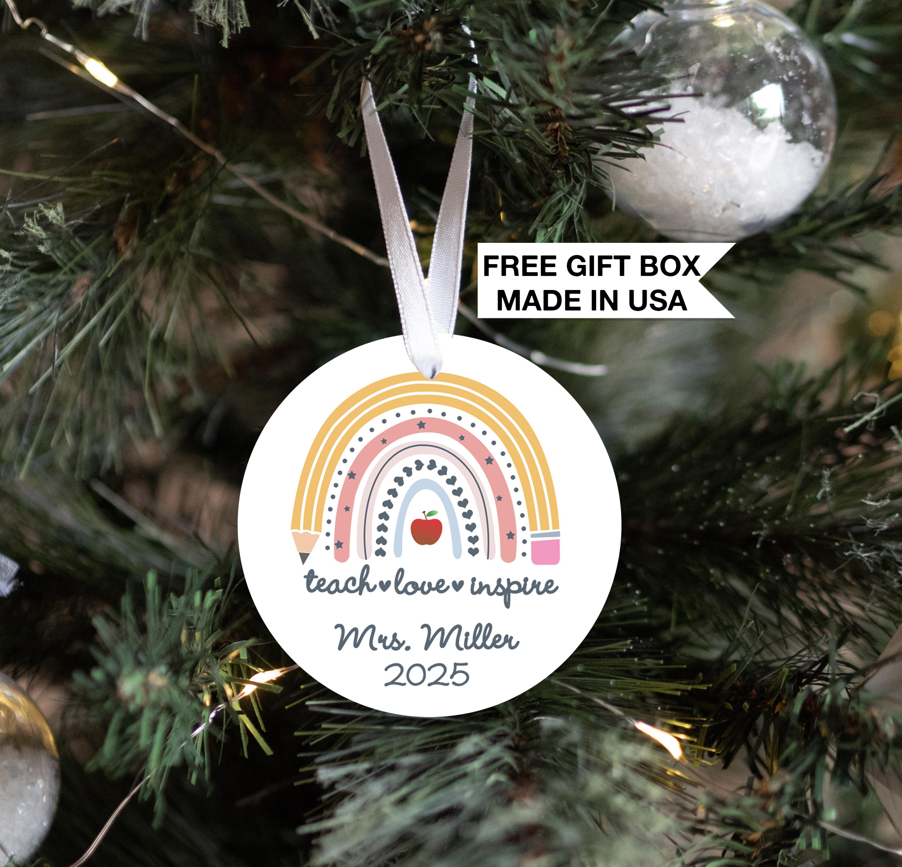 Teacher Christmas Ornament, Personalized Rainbow Teacher Christmas, Teach Love Inspire Appreciation Gift