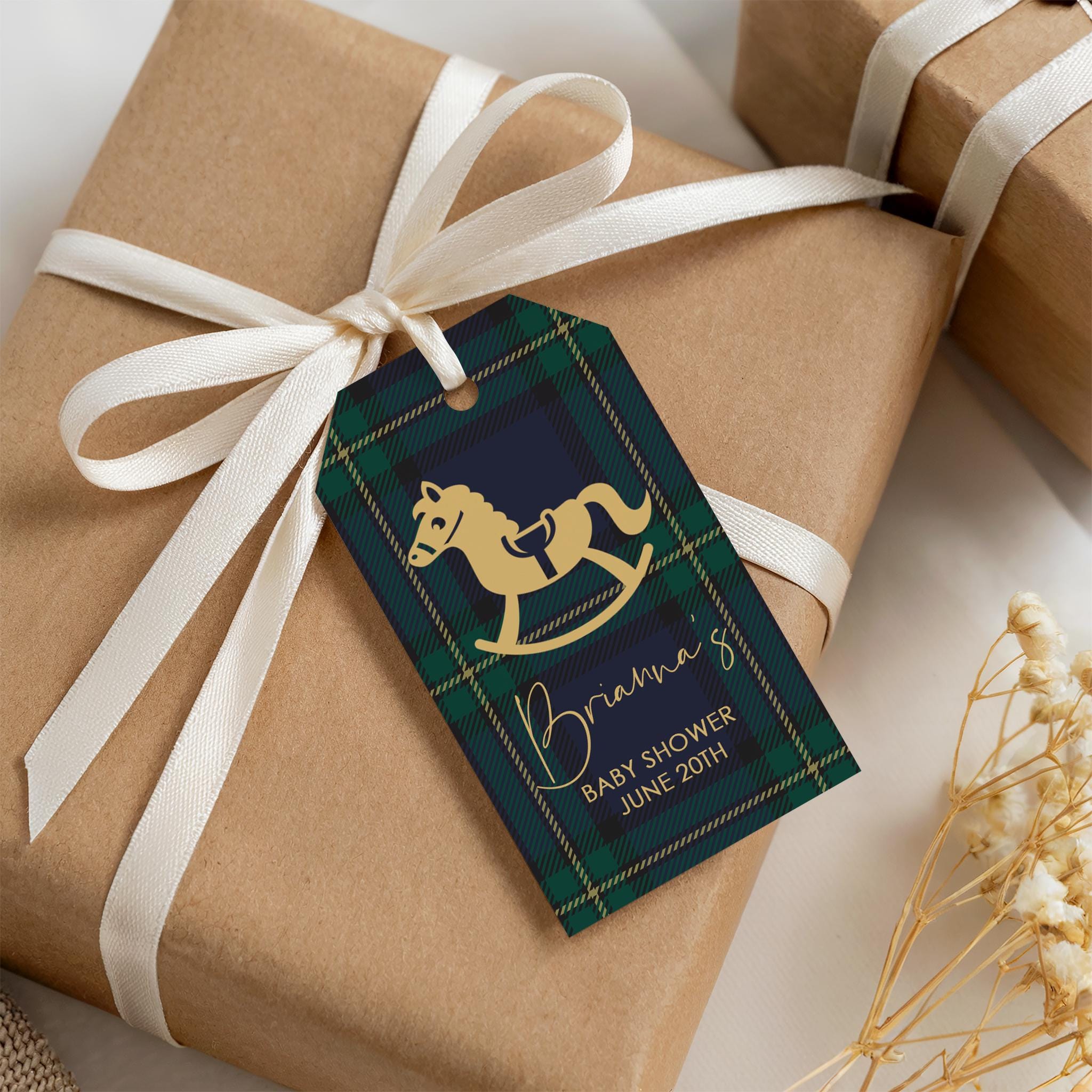 Rocking Horse Baby Shower Tags, Blue Green Plaid, Thank You Preppy Gift Tags