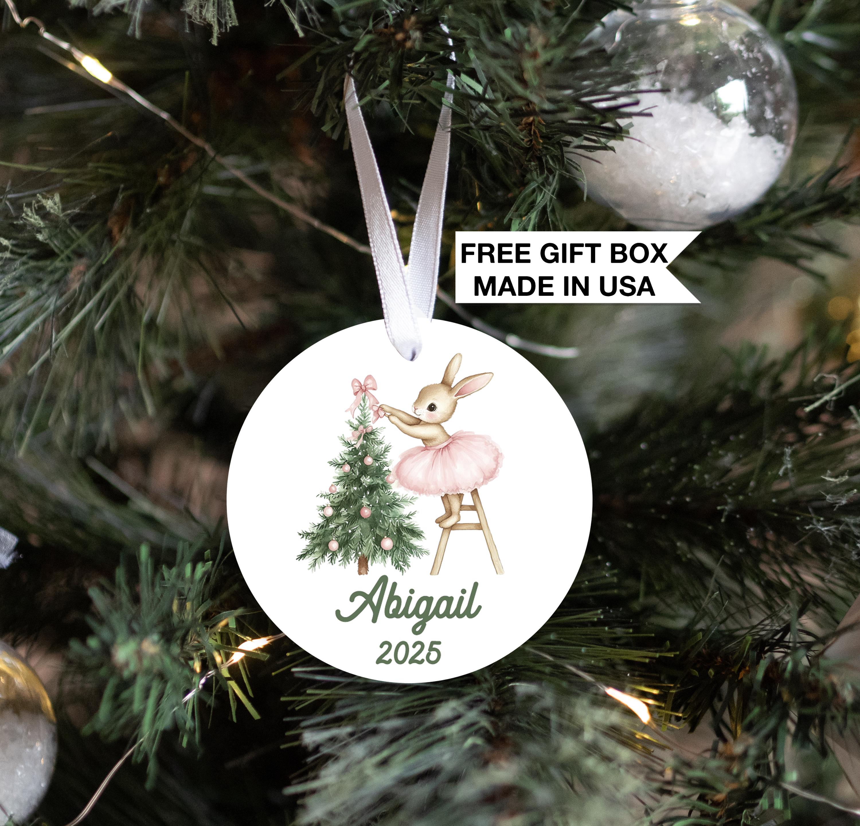 Bunny Pink Christmas Ornament, Personalized Girls Christmas Gift